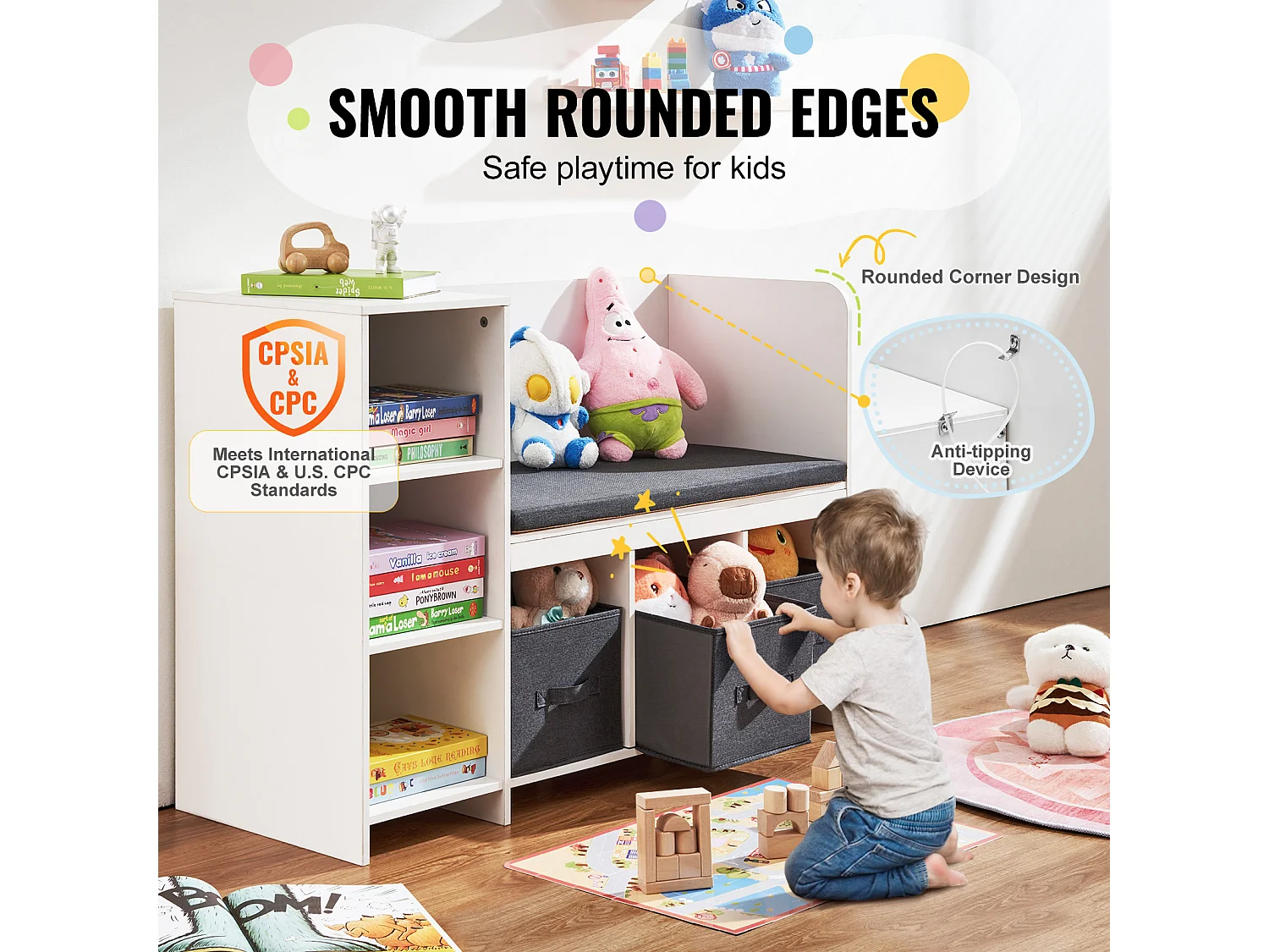 Banc de Lecture SucceBuy pour Enfants avec 6 Compartiments de Rangement et Coussin Blanc, Créant un Environnement Confortable Idéal pour le Jeu et la Lecture