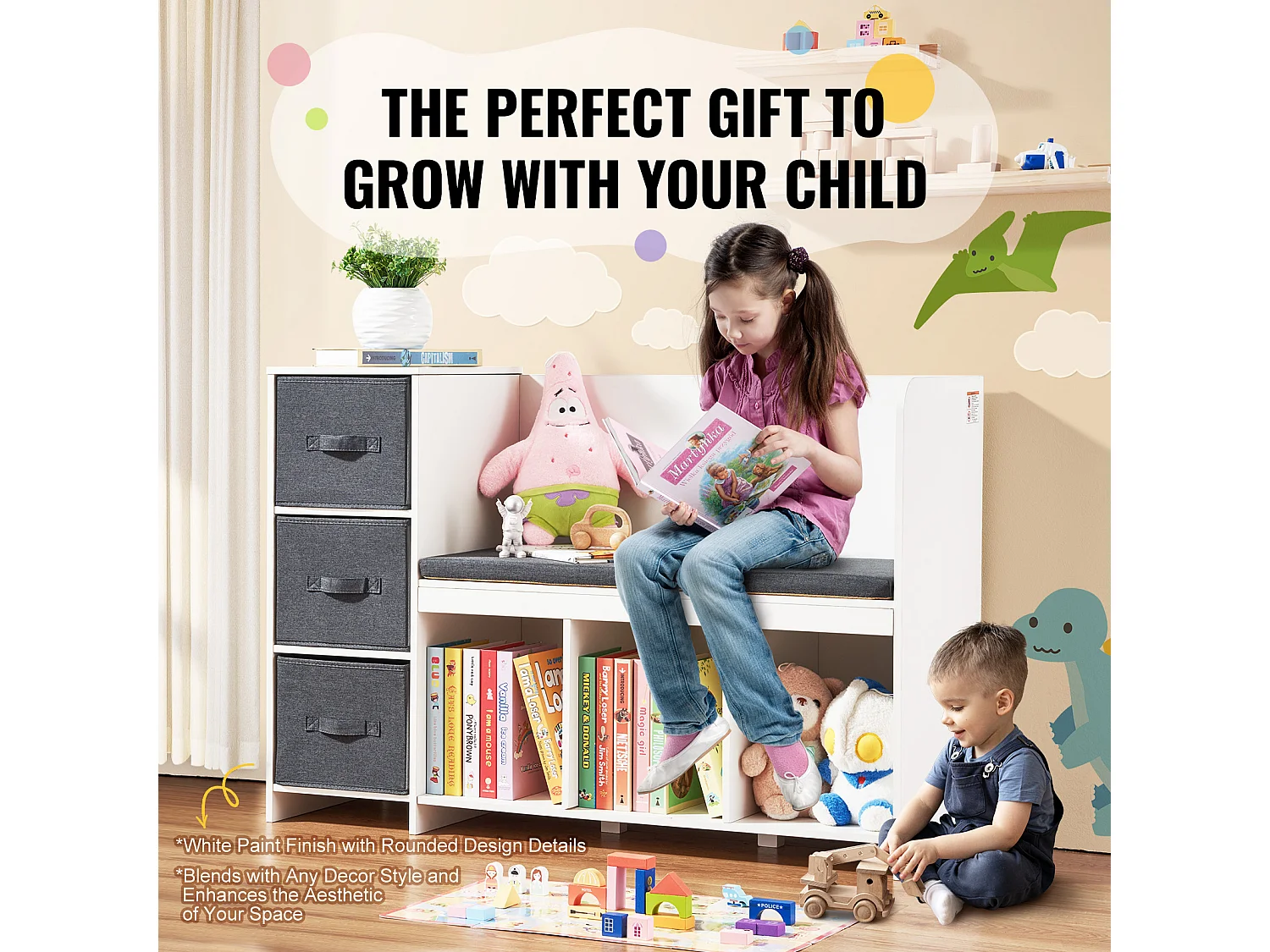 Banc de Lecture SucceBuy pour Enfants avec 6 Compartiments de Rangement et Coussin Blanc, Créant un Environnement Confortable Idéal pour le Jeu et la Lecture