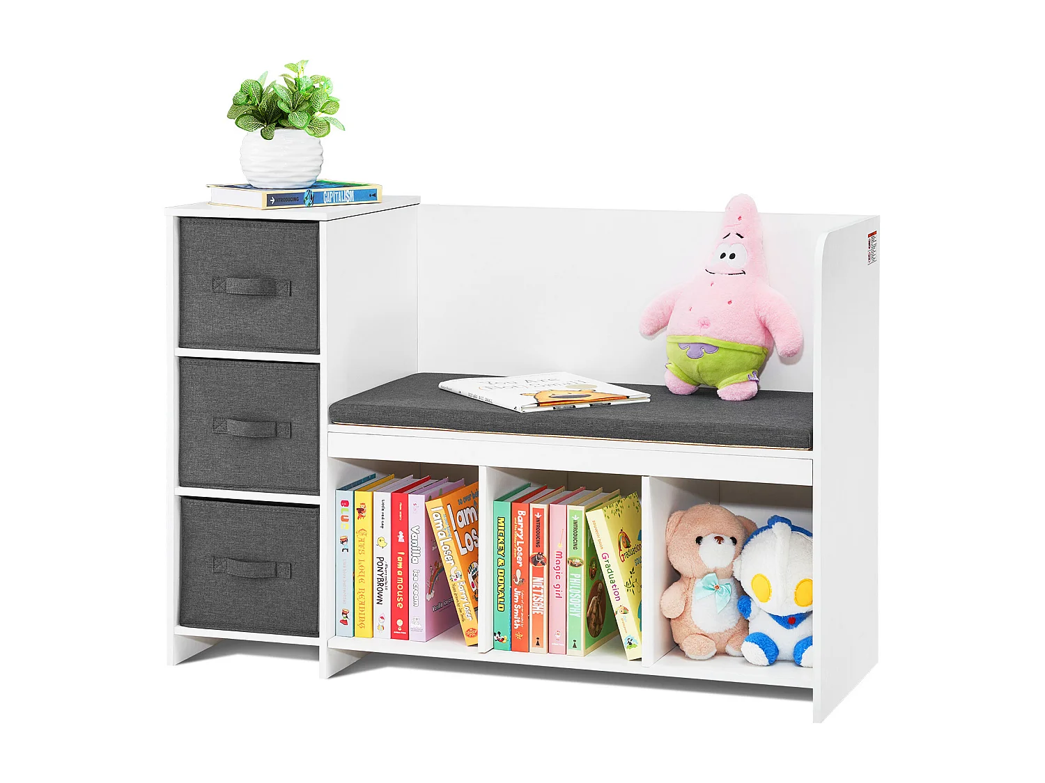 Banc de Lecture SucceBuy pour Enfants avec 6 Compartiments de Rangement et Coussin Blanc, Créant un Environnement Confortable Idéal pour le Jeu et la Lecture