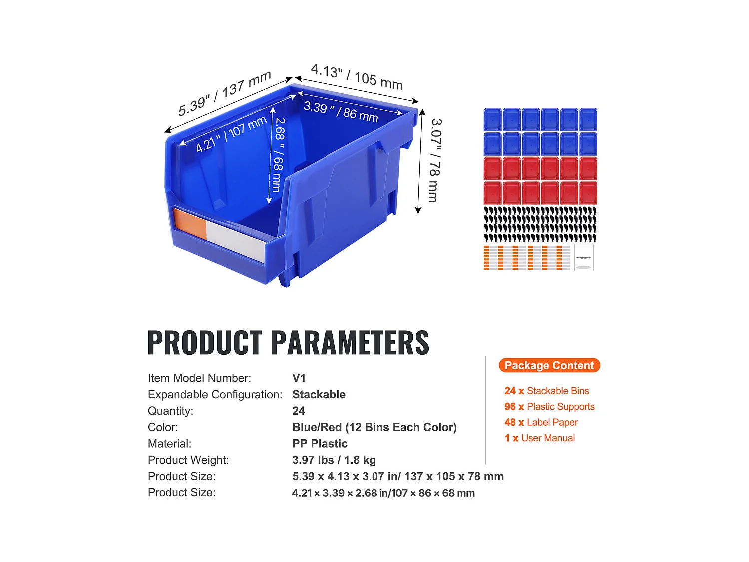 Boîtes Rangement, SucceBuy Lot de 24 Bacs de Rangement Empilables à Suspendre, Organisateur en Plastique, Bleu/Rouge