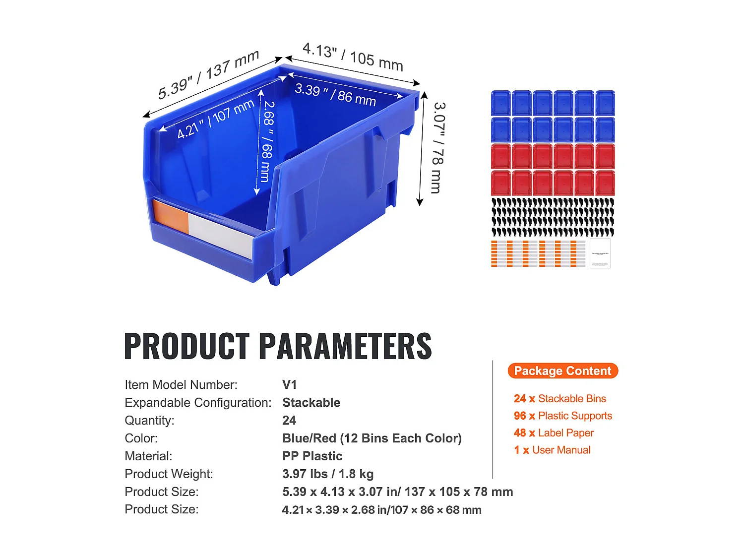 Boîtes Rangement, SucceBuy Lot de 24 Bacs de Rangement Empilables à Suspendre, Organisateur en Plastique, Bleu/Rouge