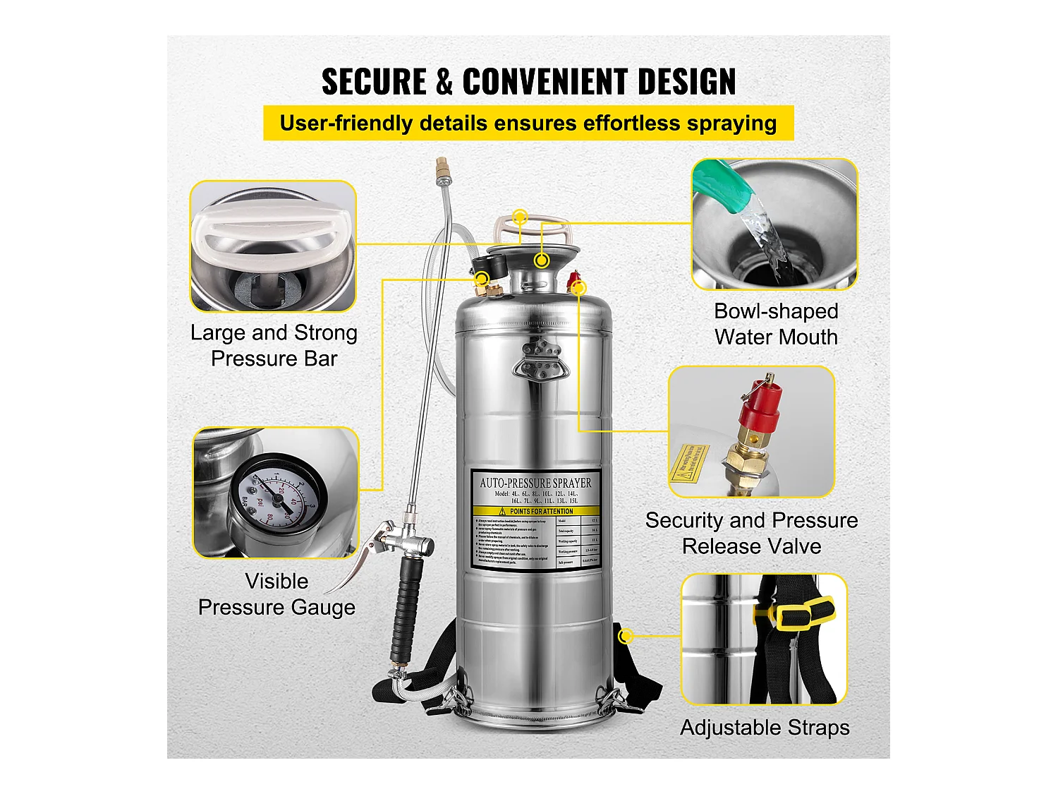 Pulvérisateur, SucceBuy Pulvérisateur à Pompe Manuelle en Acier Inoxydable de 13 L pour Usage Industriel