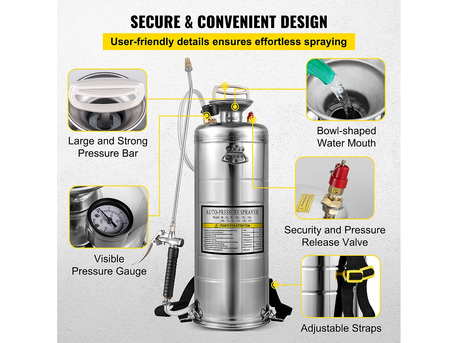 Pulvérisateur, SucceBuy Pulvérisateur à Pompe Manuelle en Acier Inoxydable de 13 L pour Usage Industriel
