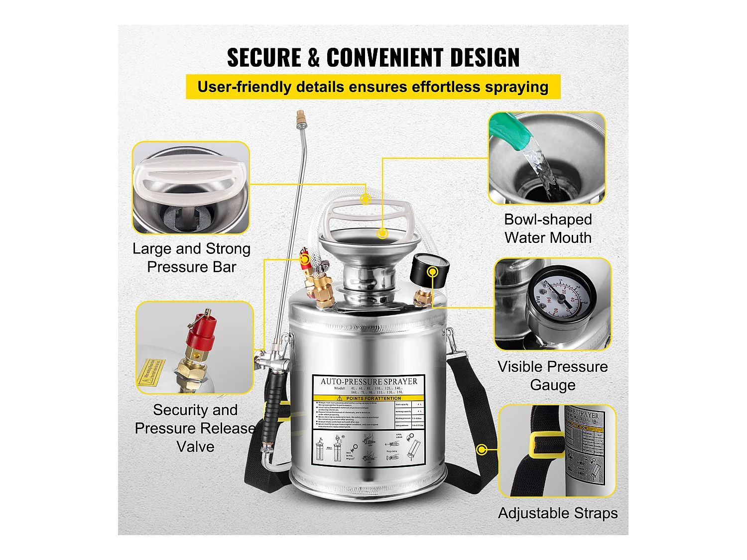 Pulvérisateur, SucceBuy Pulvérisateur 4 L, Pompe à Main en Acier Inoxydable, Tuyau de 8,4 cm, Nettoyage du Jardin et du Sol