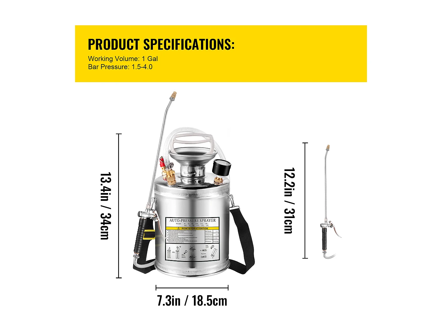 Pulvérisateur, SucceBuy Pulvérisateur 4 L, Pompe à Main en Acier Inoxydable, Tuyau de 8,4 cm, Nettoyage du Jardin et du Sol