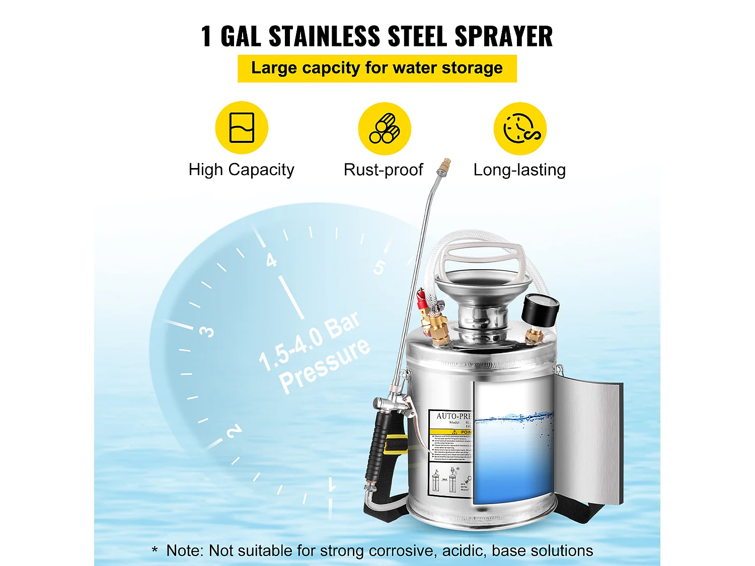 Pulvérisateur, SucceBuy Pulvérisateur 4 L, Pompe à Main en Acier Inoxydable, Tuyau de 8,4 cm, Nettoyage du Jardin et du Sol