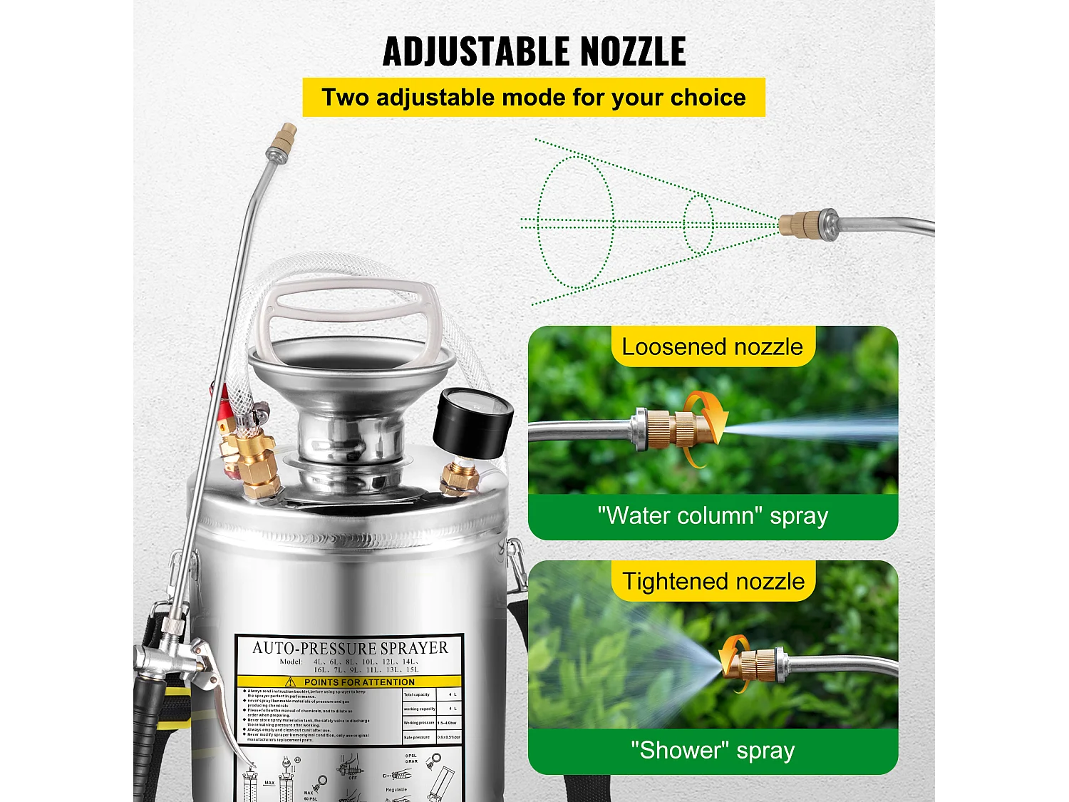 Pulvérisateur, SucceBuy Pulvérisateur 4 L, Pompe à Main en Acier Inoxydable, Tuyau de 8,4 cm, Nettoyage du Jardin et du Sol