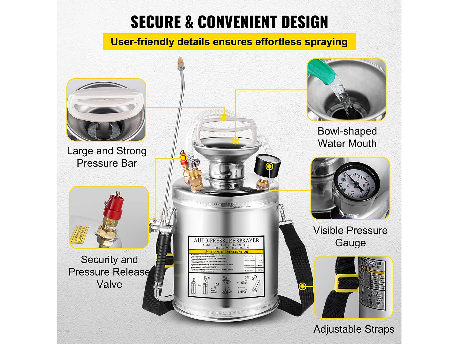 Pulvérisateur, SucceBuy Pulvérisateur 4 L, Pompe à Main en Acier Inoxydable, Tuyau de 8,4 cm, Nettoyage du Jardin et du Sol