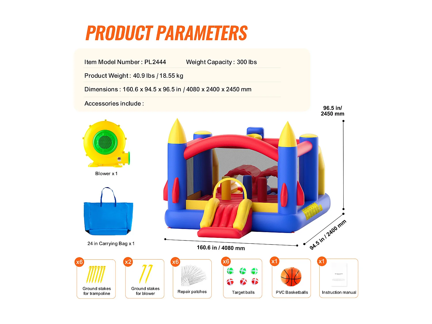 Aufblasbare Burg, SucceBuy Hüpfburg – Spaß im Freien, 406 x 239 x 244 cm, mit Gebläse, Rutsche, für Kinder von 3–8 Jahren