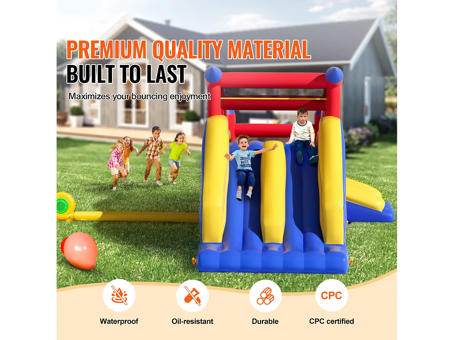 Château Gonflable, SucceBuy Maison Gonflable - 465x259x234 cm, Divertissement en Plein Air, avec Souffleur, Toboggans Doubles pour Enfants de 3 à 8 Ans