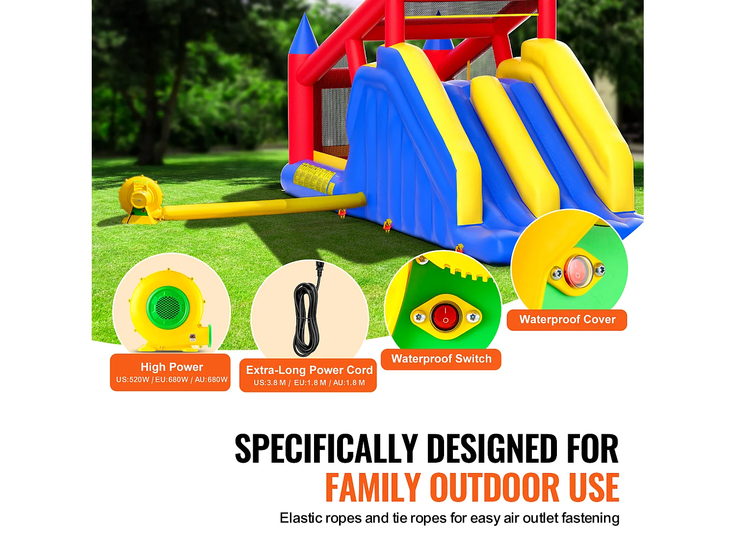 Château Gonflable, SucceBuy Maison Gonflable - 465x259x234 cm, Divertissement en Plein Air, avec Souffleur, Toboggans Doubles pour Enfants de 3 à 8 Ans