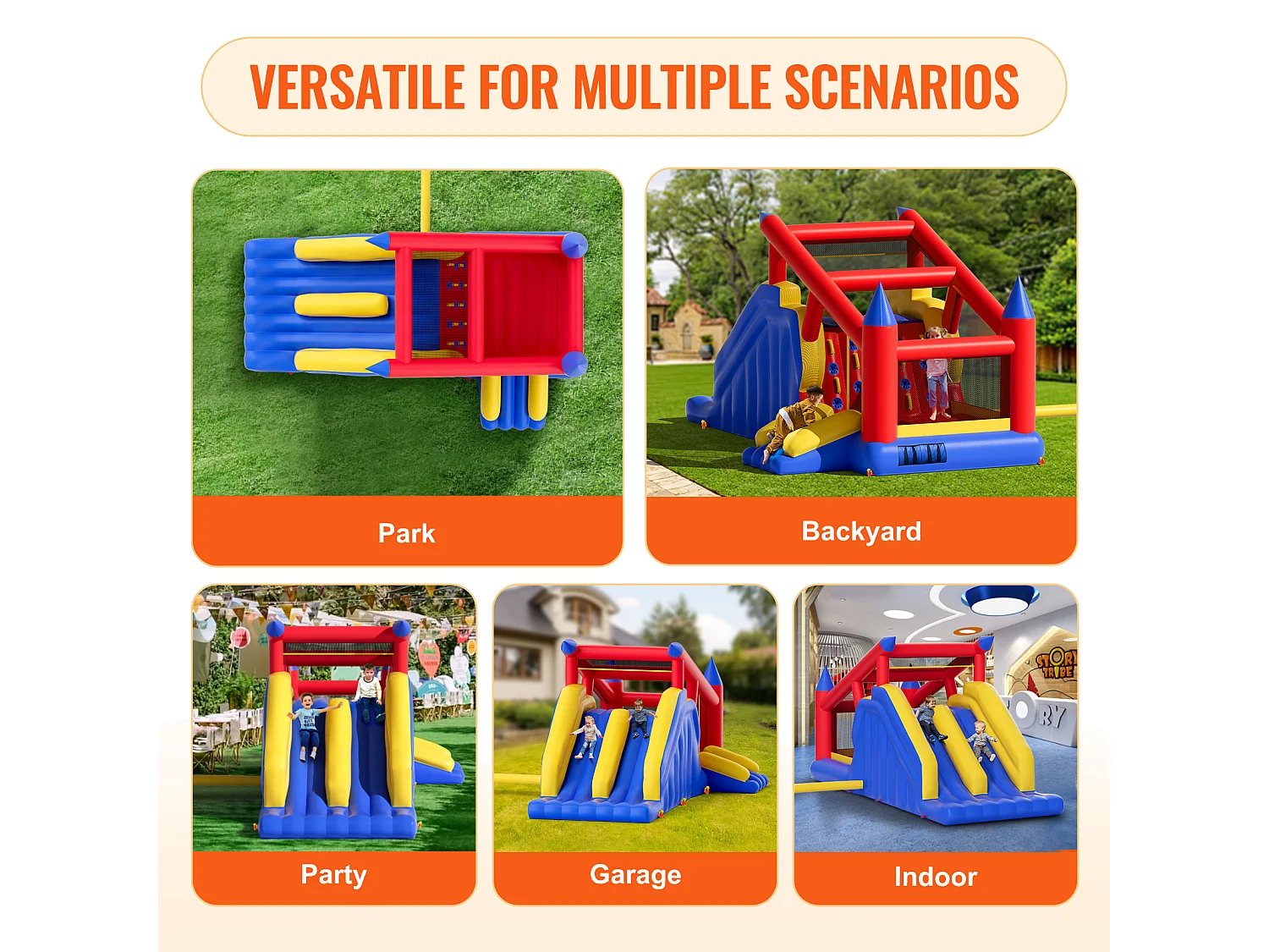 Château Gonflable, SucceBuy Maison Gonflable - 465x259x234 cm, Divertissement en Plein Air, avec Souffleur, Toboggans Doubles pour Enfants de 3 à 8 Ans