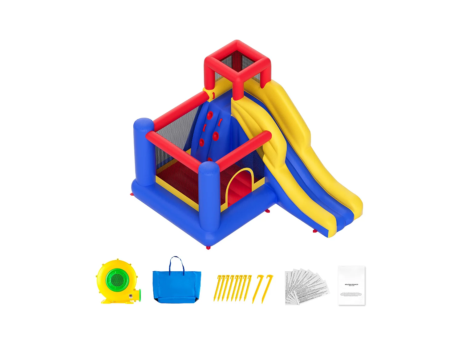 Château Gonflable, SucceBuy Maison Gonflable, 340 x 259 x 231 cm, Trampoline avec Toboggan et Souffleur, Château Gonflable Familial pour Enfants de 3 à 8 Ans