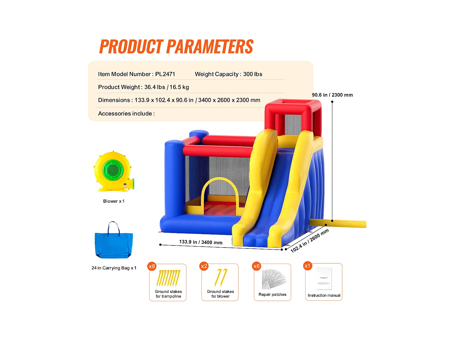 Château Gonflable, SucceBuy Maison Gonflable, 340 x 259 x 231 cm, Trampoline avec Toboggan et Souffleur, Château Gonflable Familial pour Enfants de 3 à 8 Ans