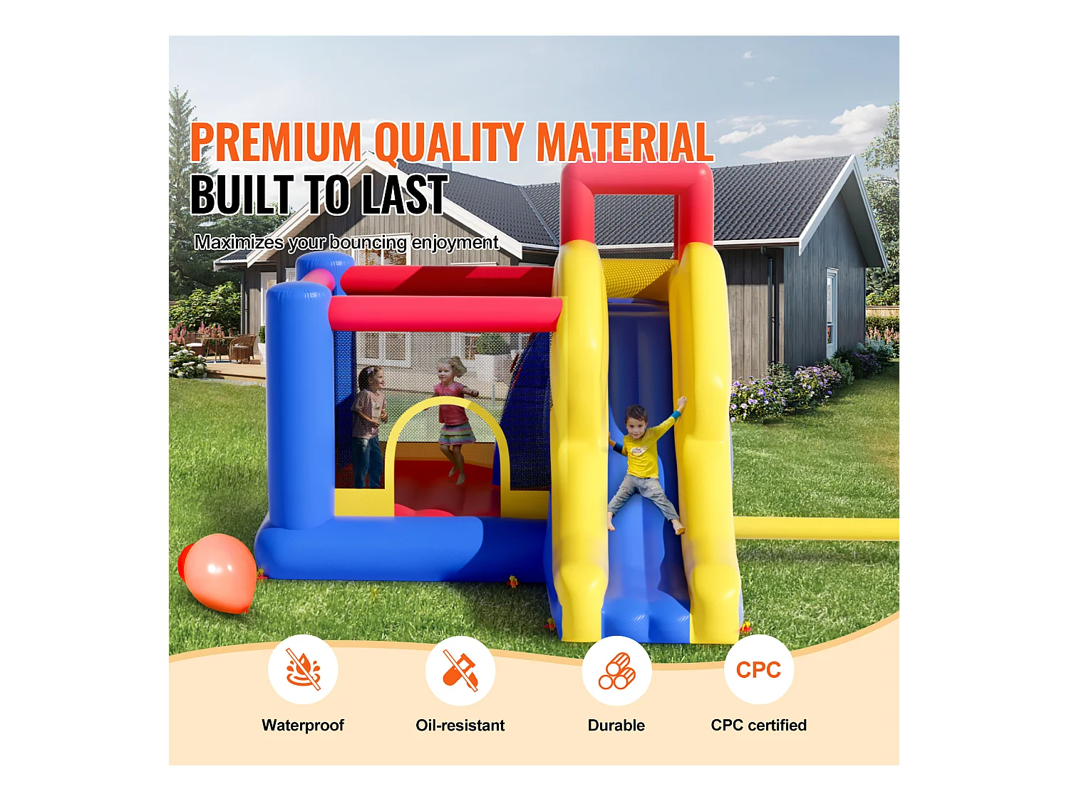 Château Gonflable, SucceBuy Maison Gonflable, 340 x 259 x 231 cm, Trampoline avec Toboggan et Souffleur, Château Gonflable Familial pour Enfants de 3 à 8 Ans