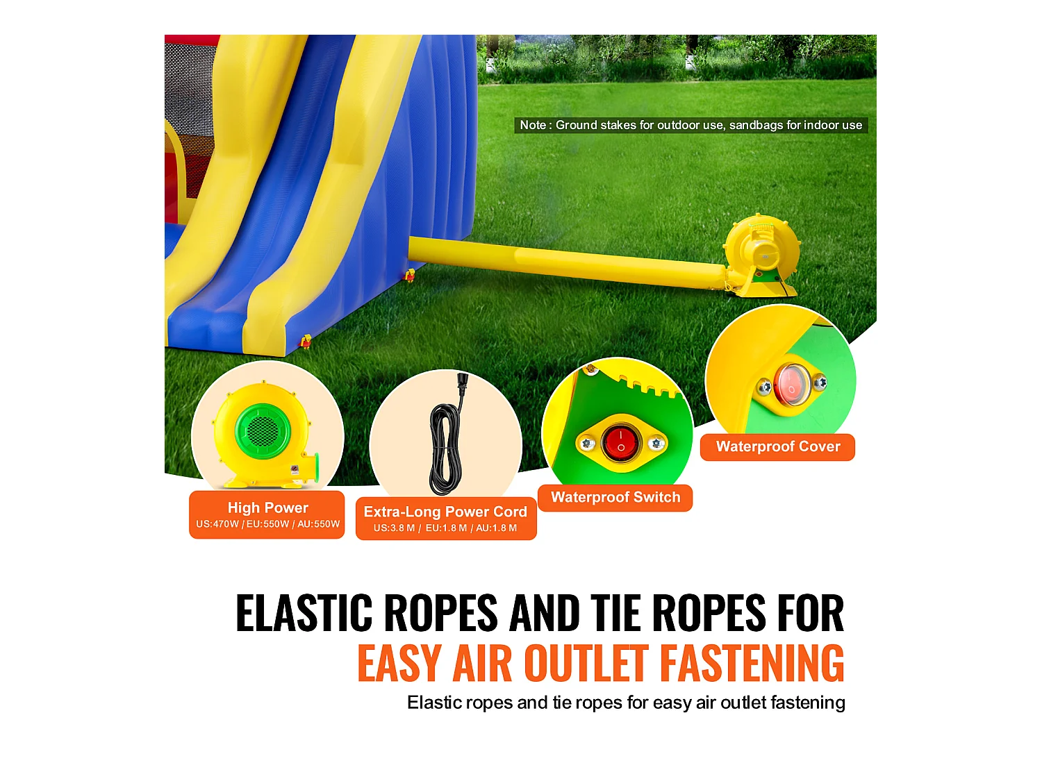 Château Gonflable, SucceBuy Maison Gonflable, 340 x 259 x 231 cm, Trampoline avec Toboggan et Souffleur, Château Gonflable Familial pour Enfants de 3 à 8 Ans