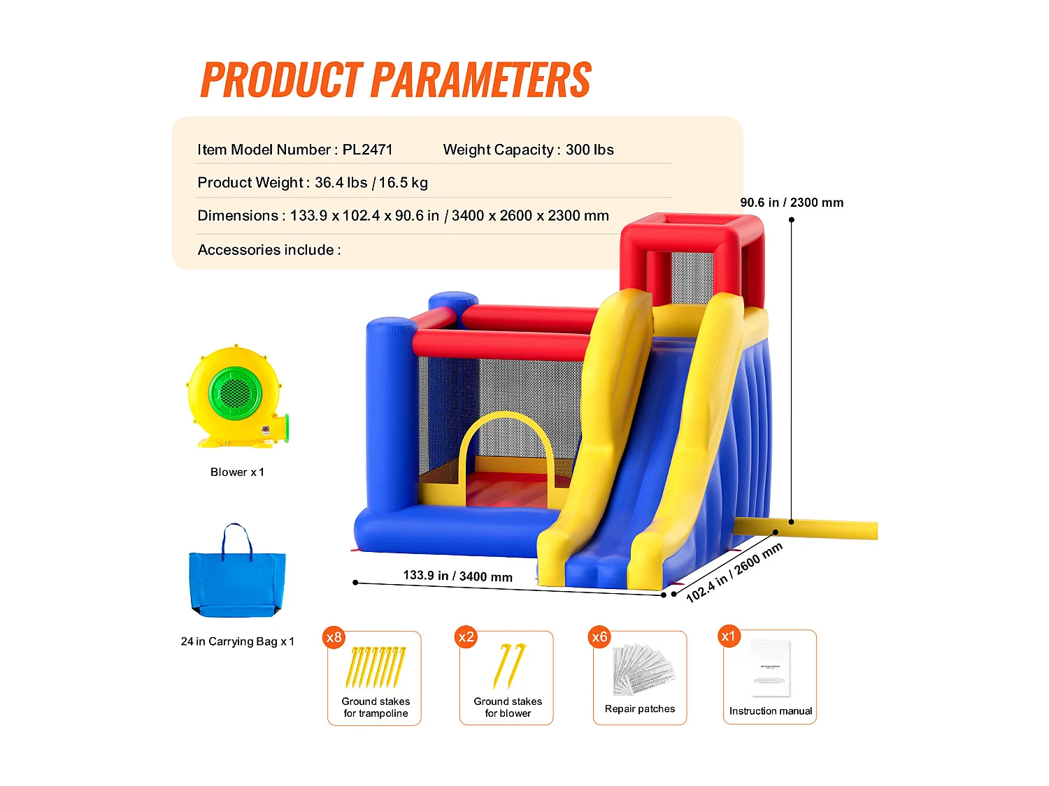 Zamek Nadmuchiwany, SucceBuy Dom Nadmuchiwany, 340 x 259 x 231 cm,Trampolina ze Zjeżdżalnią i Dmuchawą,Rodzinny Zamek Nadmuchiwany dla Dzieci w Wieku od 3 do 8 Lat