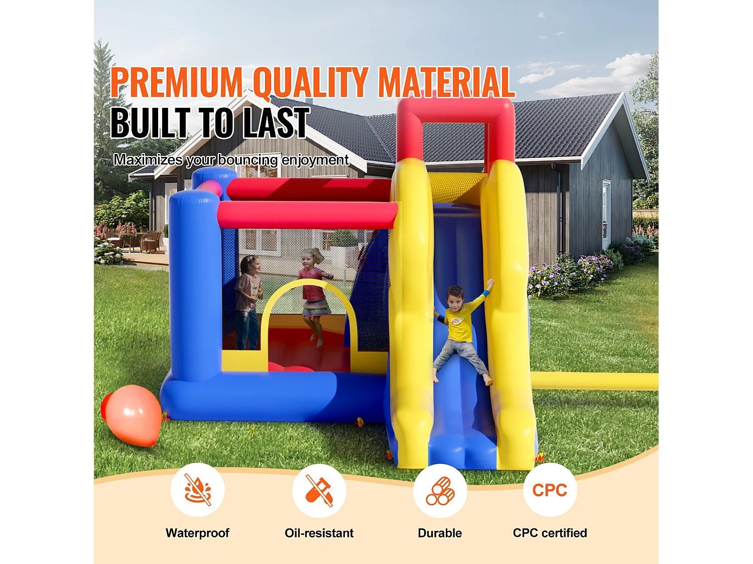 Zamek Nadmuchiwany, SucceBuy Dom Nadmuchiwany, 340 x 259 x 231 cm,Trampolina ze Zjeżdżalnią i Dmuchawą,Rodzinny Zamek Nadmuchiwany dla Dzieci w Wieku od 3 do 8 Lat