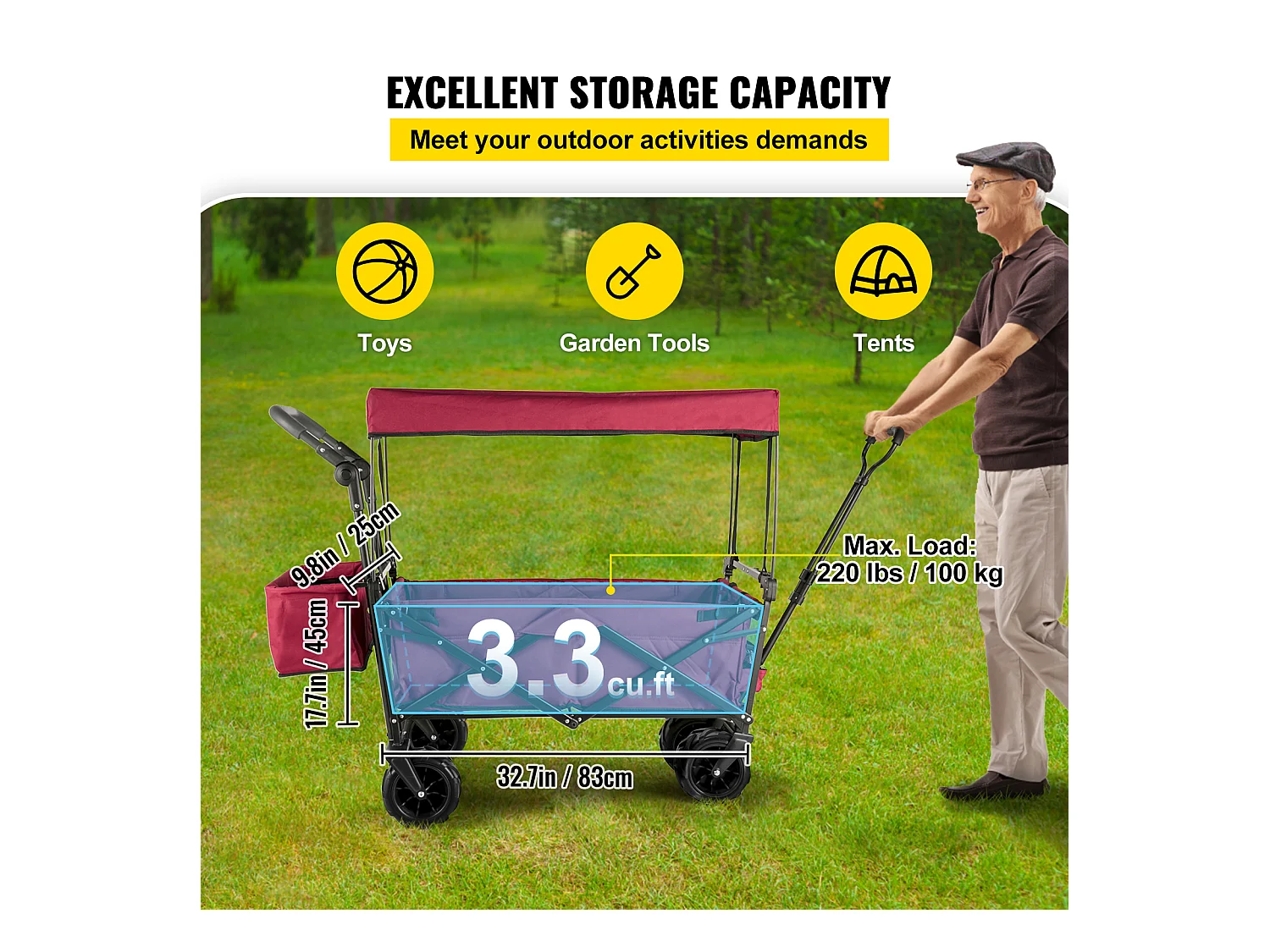 Chariot de Jardin Pliable SucceBuy, Chariot de Jardin Pliable avec Pare-Soleil, Utilitaire de Plage