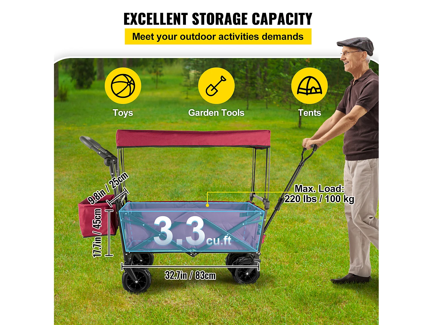 Chariot de Jardin Pliable SucceBuy, Chariot de Jardin Pliable avec Pare-Soleil, Utilitaire de Plage