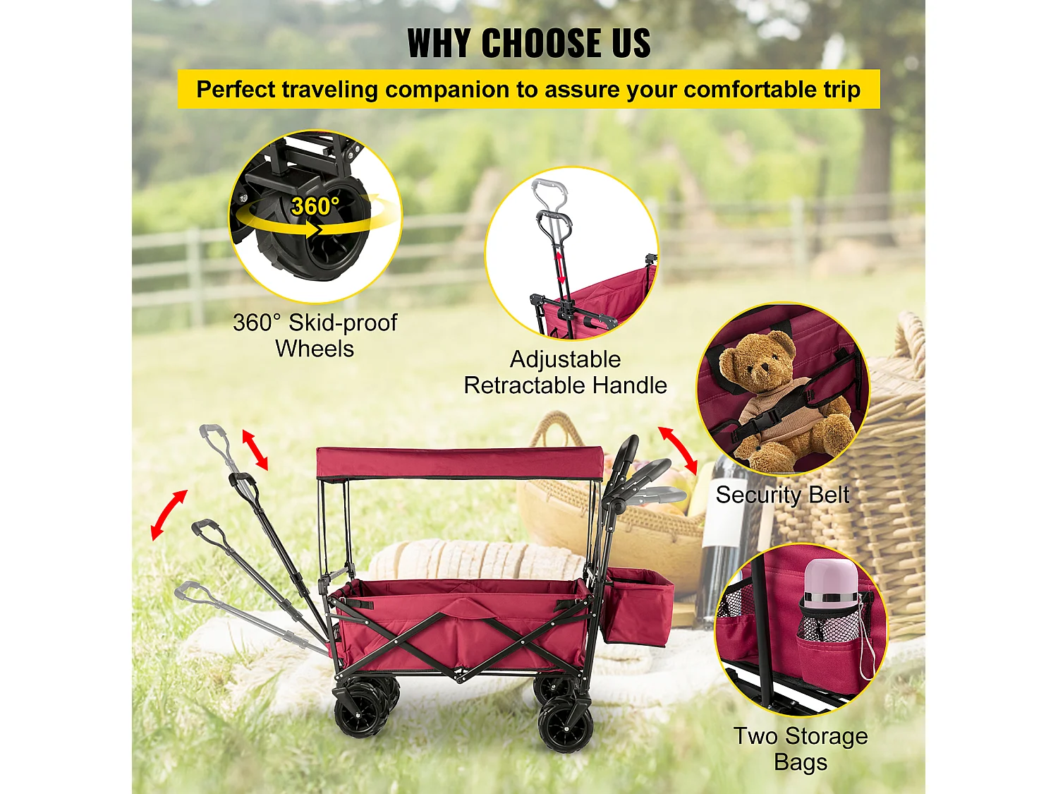 Chariot de Jardin Pliable SucceBuy, Chariot de Jardin Pliable avec Pare-Soleil, Utilitaire de Plage