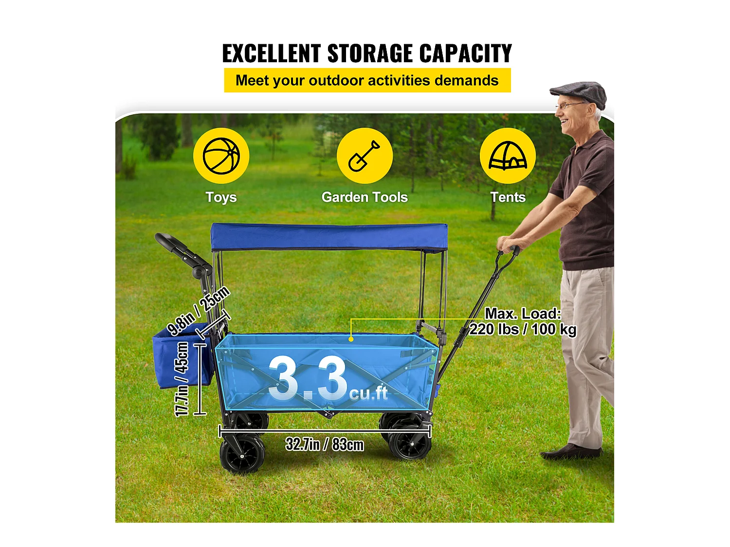 Chariot de Jardin Pliable SucceBuy, Chariot de Jardin Pliable avec Pare-Soleil, Utilitaire de Plage