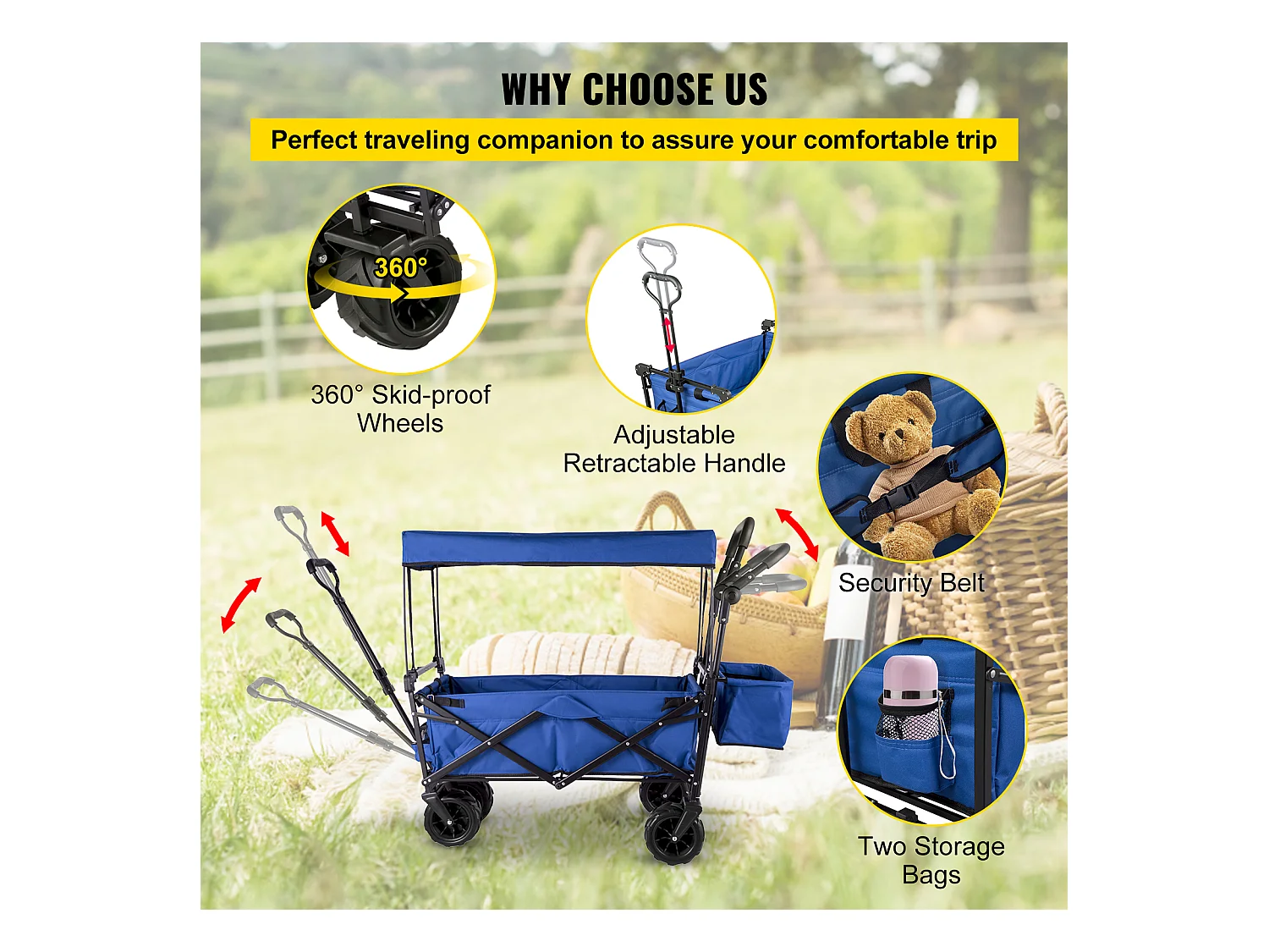 Chariot de Jardin Pliable SucceBuy, Chariot de Jardin Pliable avec Pare-Soleil, Utilitaire de Plage