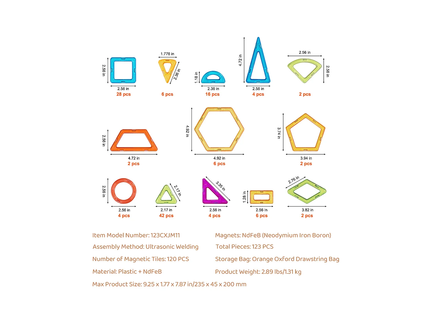 Bloc de Construction Magnétique, SucceBuy Tuiles Magnétiques, 123 Pièces pour Enfants, Ensemble de Construction avec Extras, Jouets STEM pour les 5 Ans et Plus