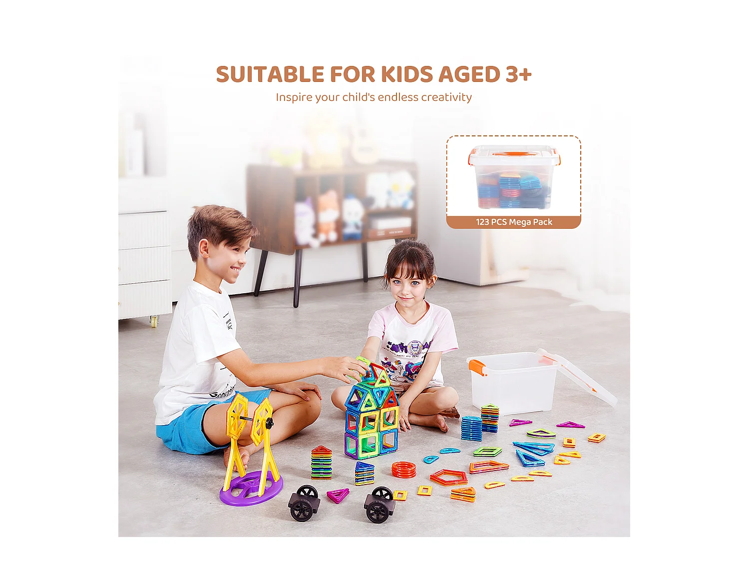 Bloc de Construction Magnétique, SucceBuy Tuiles Magnétiques, 123 Pièces pour Enfants, Ensemble de Construction avec Extras, Jouets STEM pour les 5 Ans et Plus