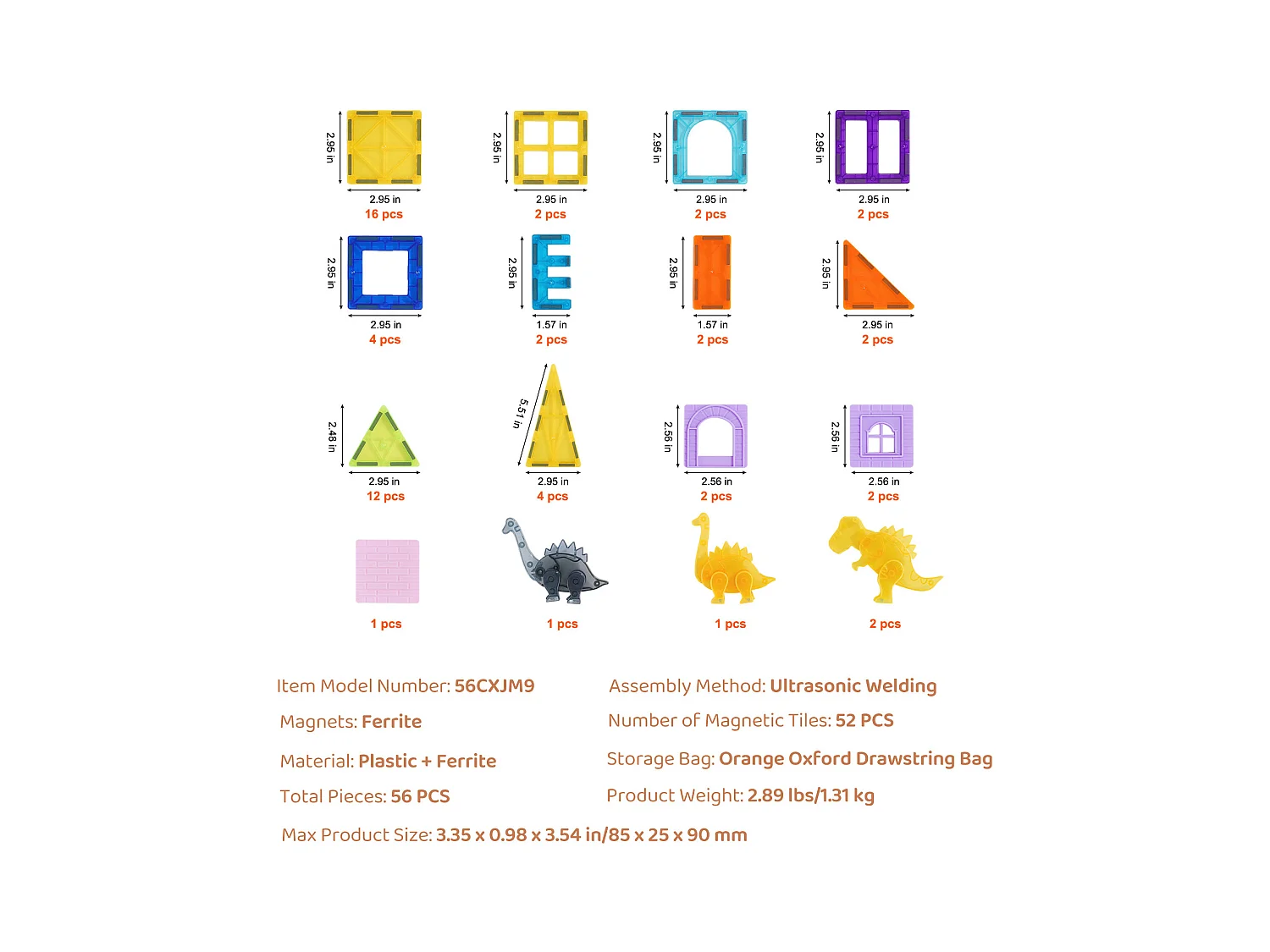 Bloc de Construction Magnétique, SucceBuy Lot de 56 Tuiles Magnétiques, Blocs de Construction 3D pour Enfants, Ensemble de Construction Magnétique
