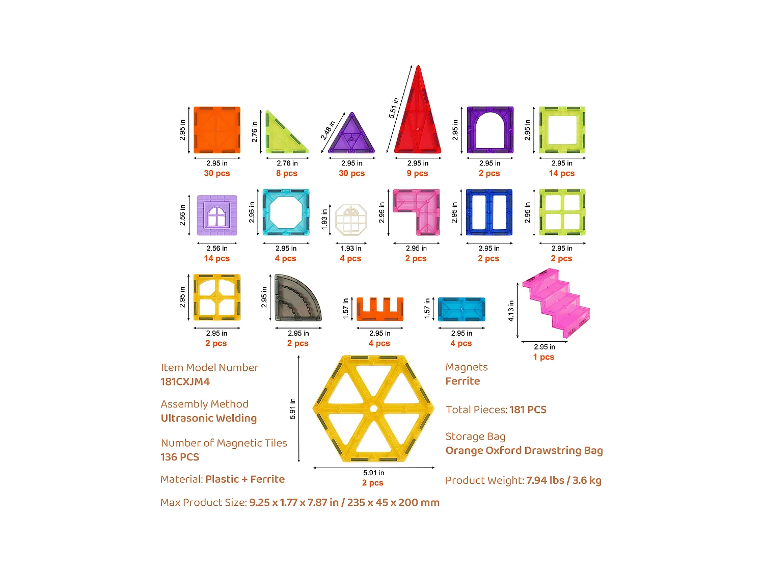 Bloc de Construction Magnétique, SucceBuy Tuiles Magnétiques Jouet de Construction Magnétique 181 Pièces Blocs Magnétiques pour Enfants Ensemble 3D