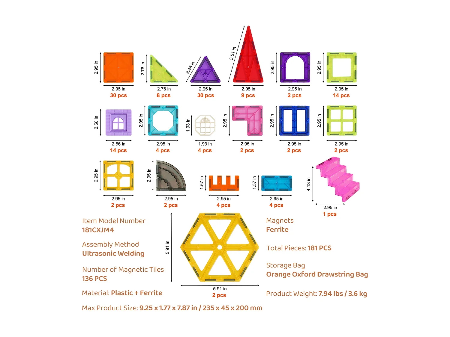 Bloc de Construction Magnétique, SucceBuy Tuiles Magnétiques Jouet de Construction Magnétique 181 Pièces Blocs Magnétiques pour Enfants Ensemble 3D