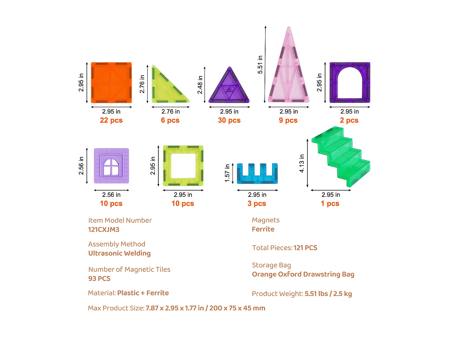 Magnetische Bouwblokken, SucceBuy Magnetische Tegels, 121 Stuks voor Kinderen, Bouwset met Extra's, STEM-speelgoed voor 5 Jaar en Ouder