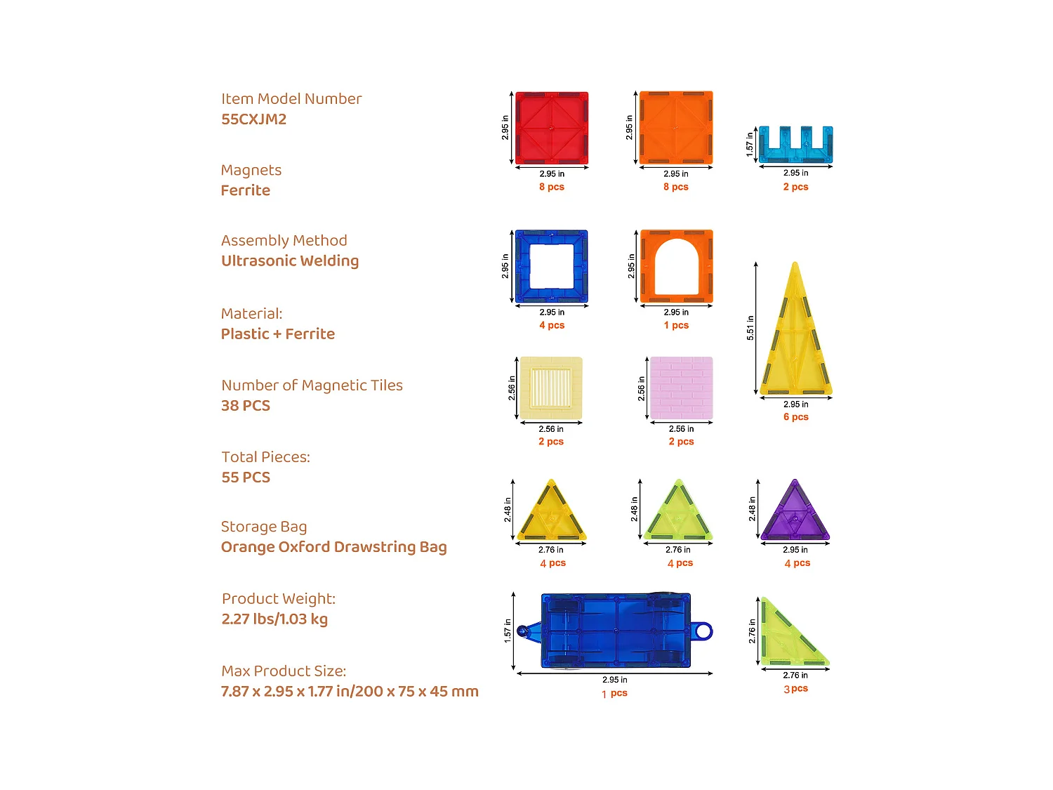 Bloques de Construcción Magnéticos SucceBuy, Juego de 55 Piezas, Bloques de Construcción Magnéticos para Niños, Juguete 3D
