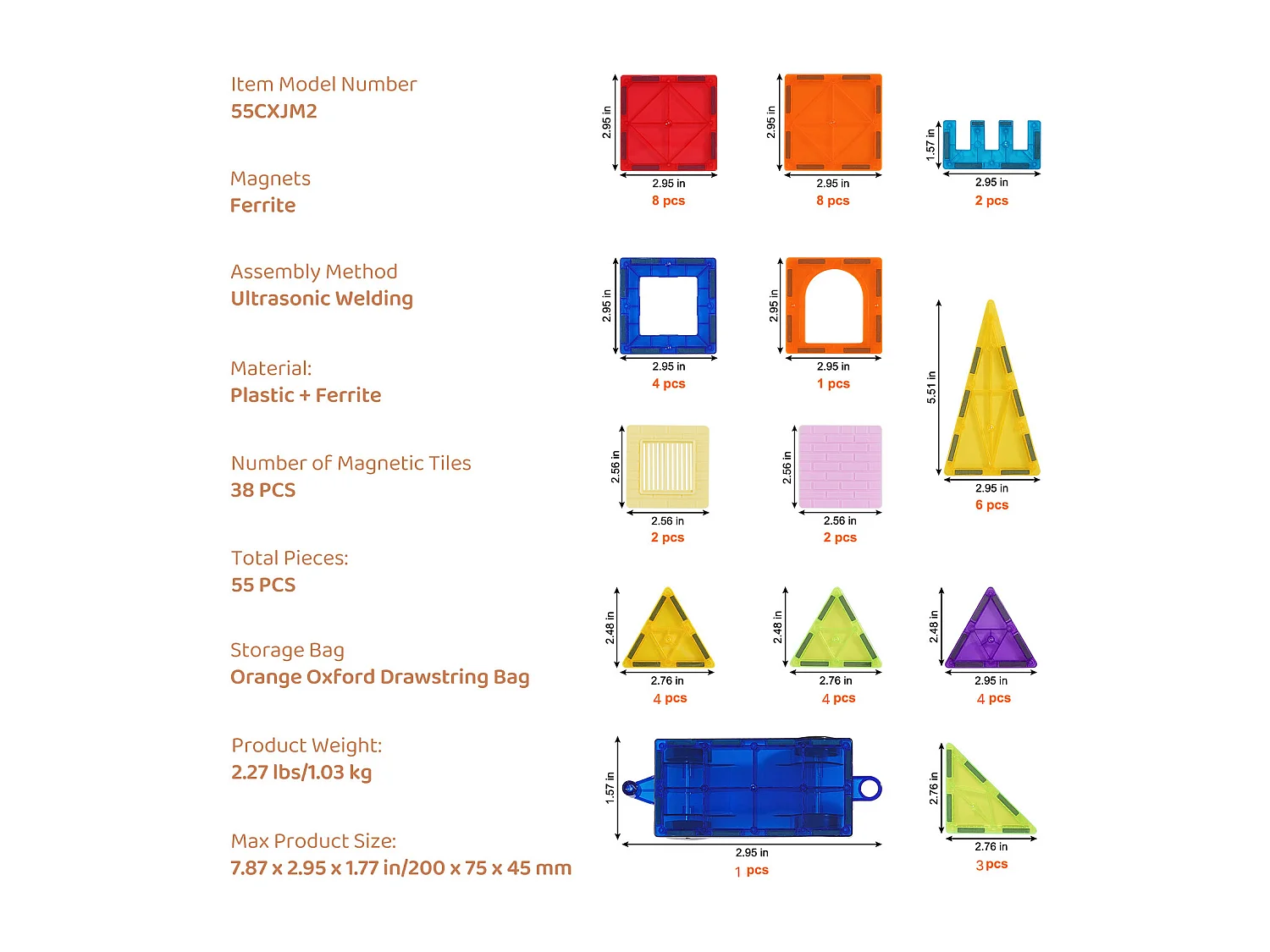 Bloc de Construction Magnétique, SucceBuy Lot de 55 Tuiles Magnétiques, Blocs de Construction Magnétiques pour Enfants, Jouet 3D