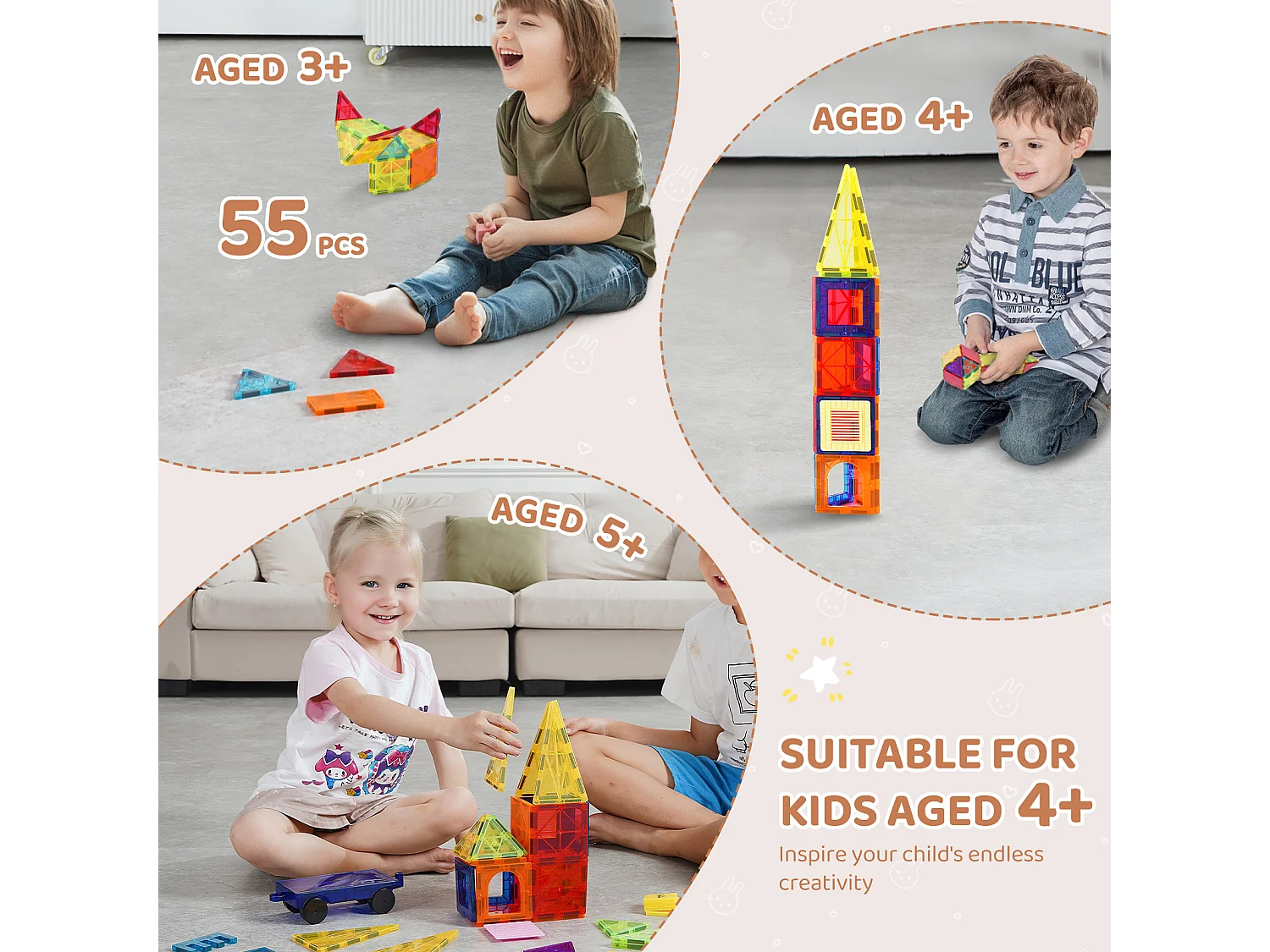 Bloc de Construction Magnétique, SucceBuy Lot de 55 Tuiles Magnétiques, Blocs de Construction Magnétiques pour Enfants, Jouet 3D