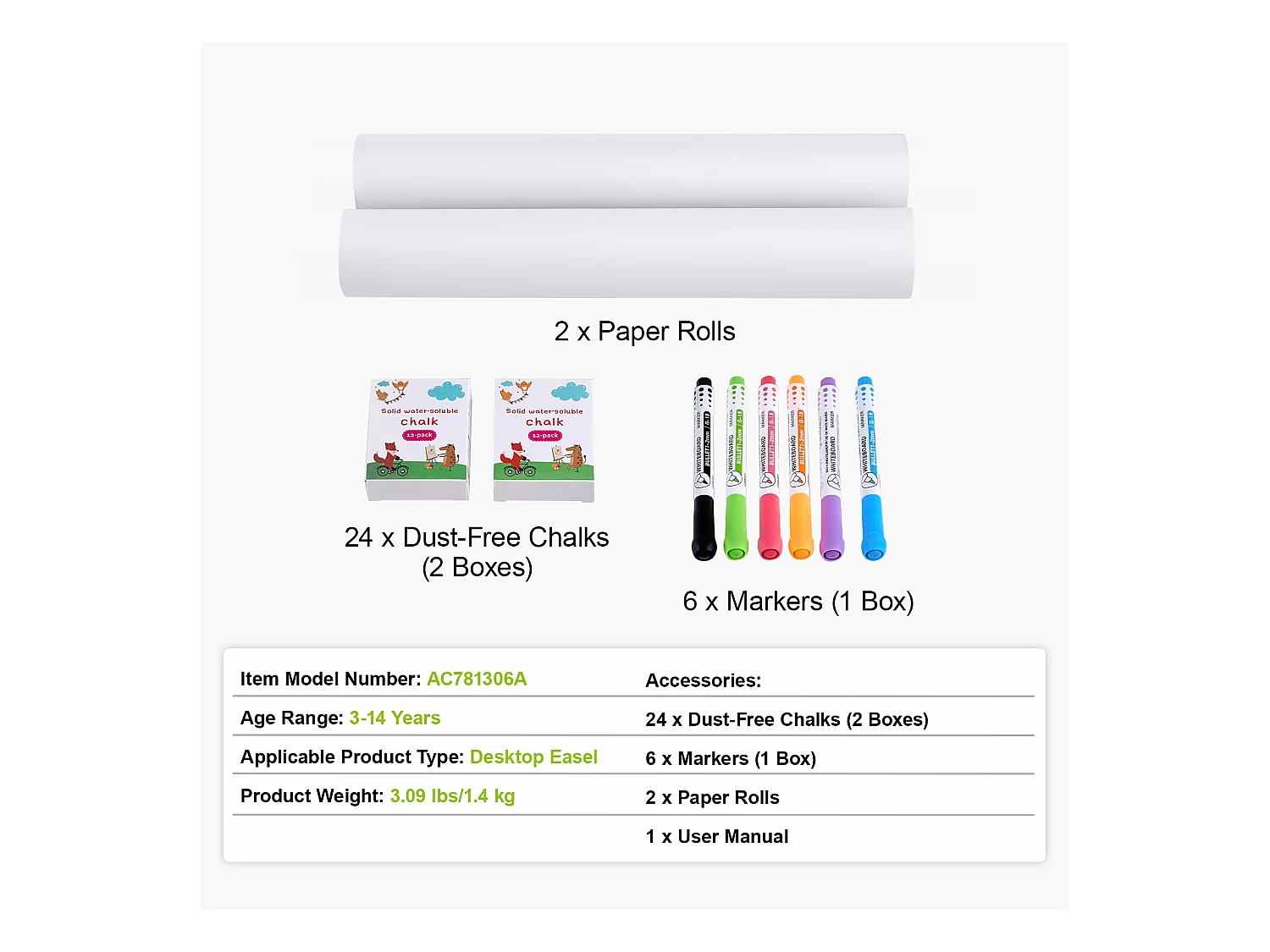 Chevalet d'Art pour Enfants SucceBuy, 32 Pièces de Craie, Marqueurs, Rouleaux de Papier pour Chevalet de Table