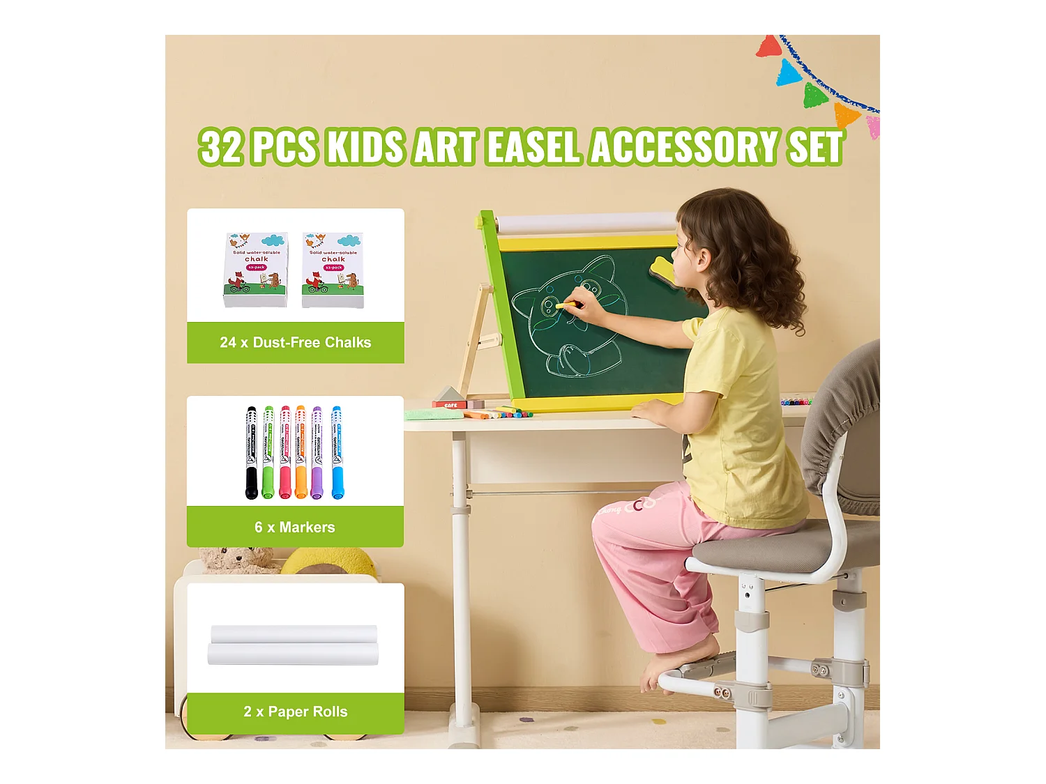 Chevalet d'Art pour Enfants SucceBuy, 32 Pièces de Craie, Marqueurs, Rouleaux de Papier pour Chevalet de Table