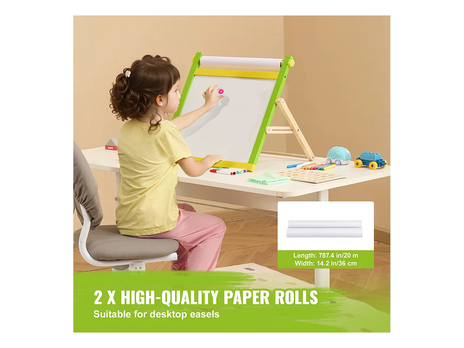 Chevalet d'Art pour Enfants SucceBuy, 32 Pièces de Craie, Marqueurs, Rouleaux de Papier pour Chevalet de Table