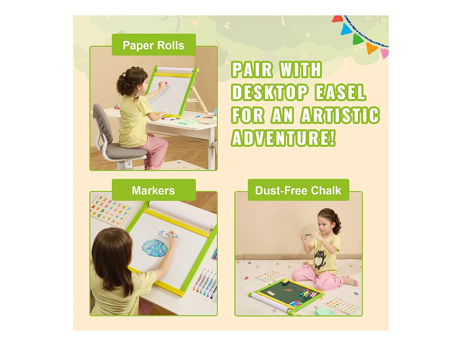 Chevalet d'Art pour Enfants SucceBuy, 32 Pièces de Craie, Marqueurs, Rouleaux de Papier pour Chevalet de Table