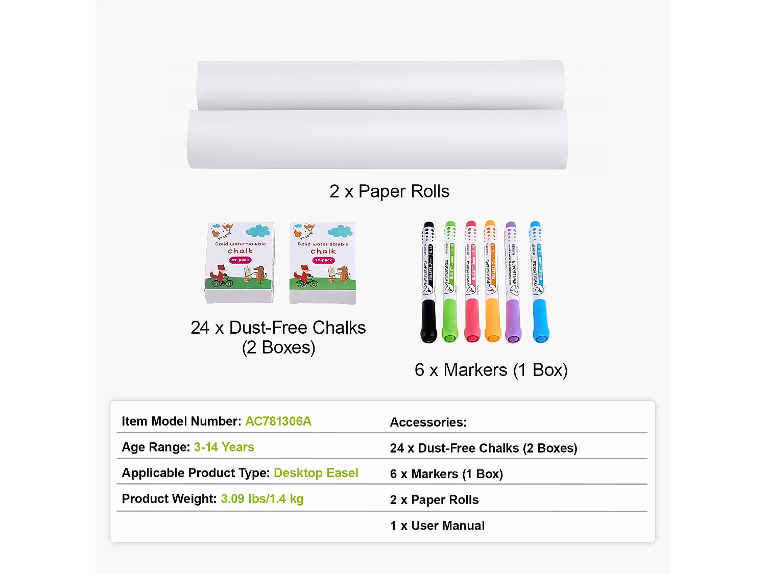 Chevalet d'Art pour Enfants SucceBuy, 32 Pièces de Craie, Marqueurs, Rouleaux de Papier pour Chevalet de Table