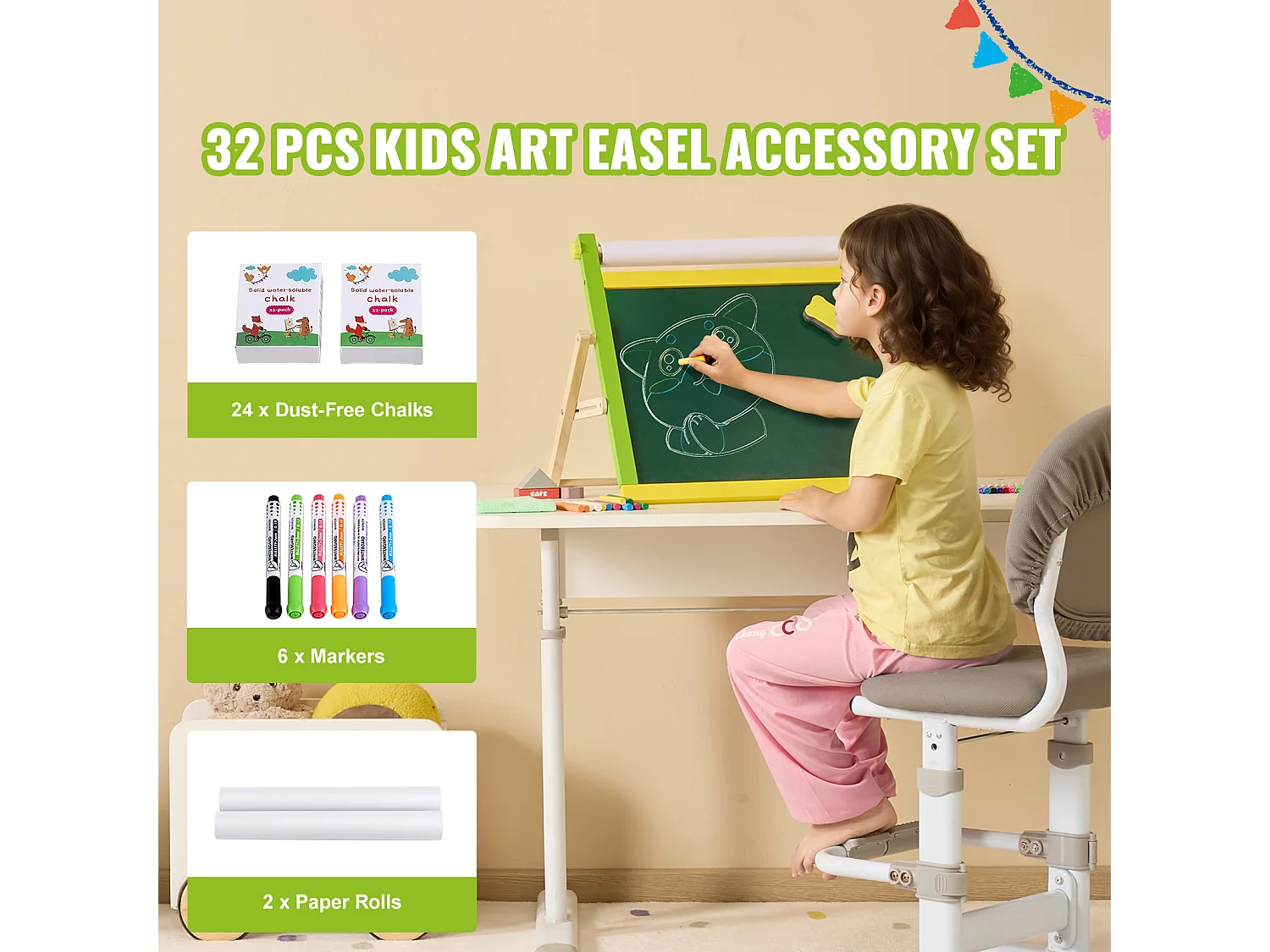 Chevalet d'Art pour Enfants SucceBuy, 32 Pièces de Craie, Marqueurs, Rouleaux de Papier pour Chevalet de Table