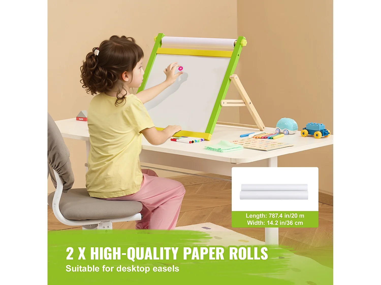 Chevalet d'Art pour Enfants SucceBuy, 32 Pièces de Craie, Marqueurs, Rouleaux de Papier pour Chevalet de Table