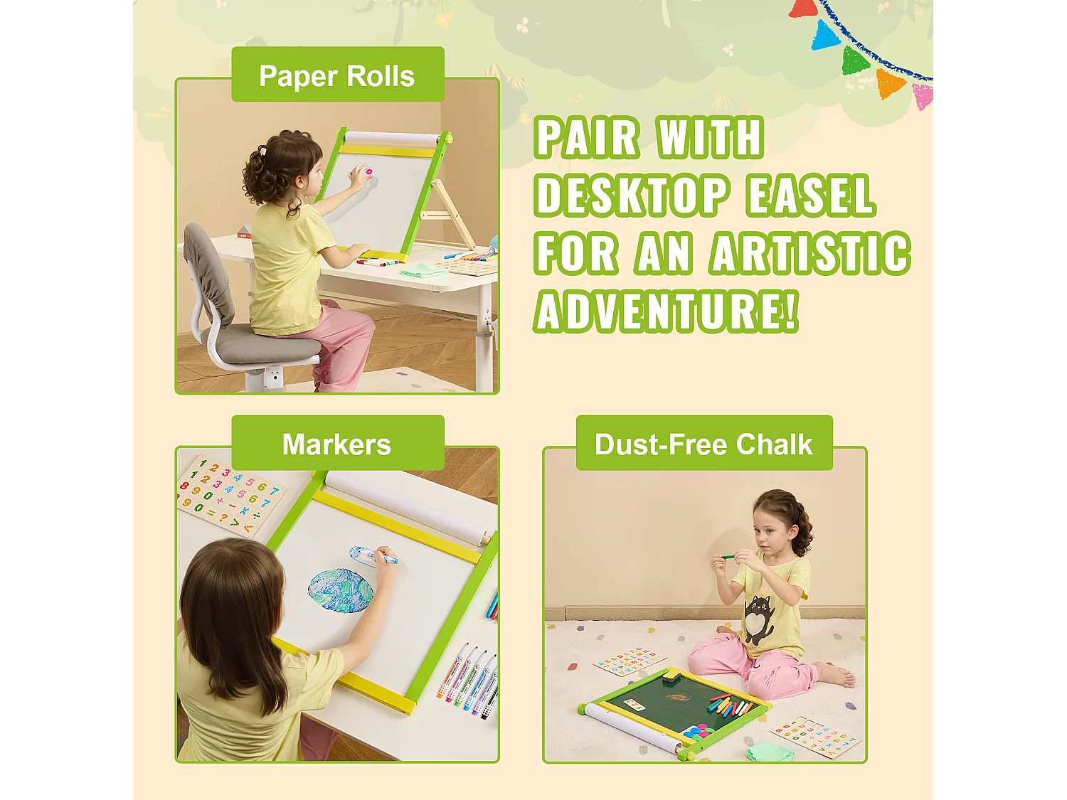 Chevalet d'Art pour Enfants SucceBuy, 32 Pièces de Craie, Marqueurs, Rouleaux de Papier pour Chevalet de Table