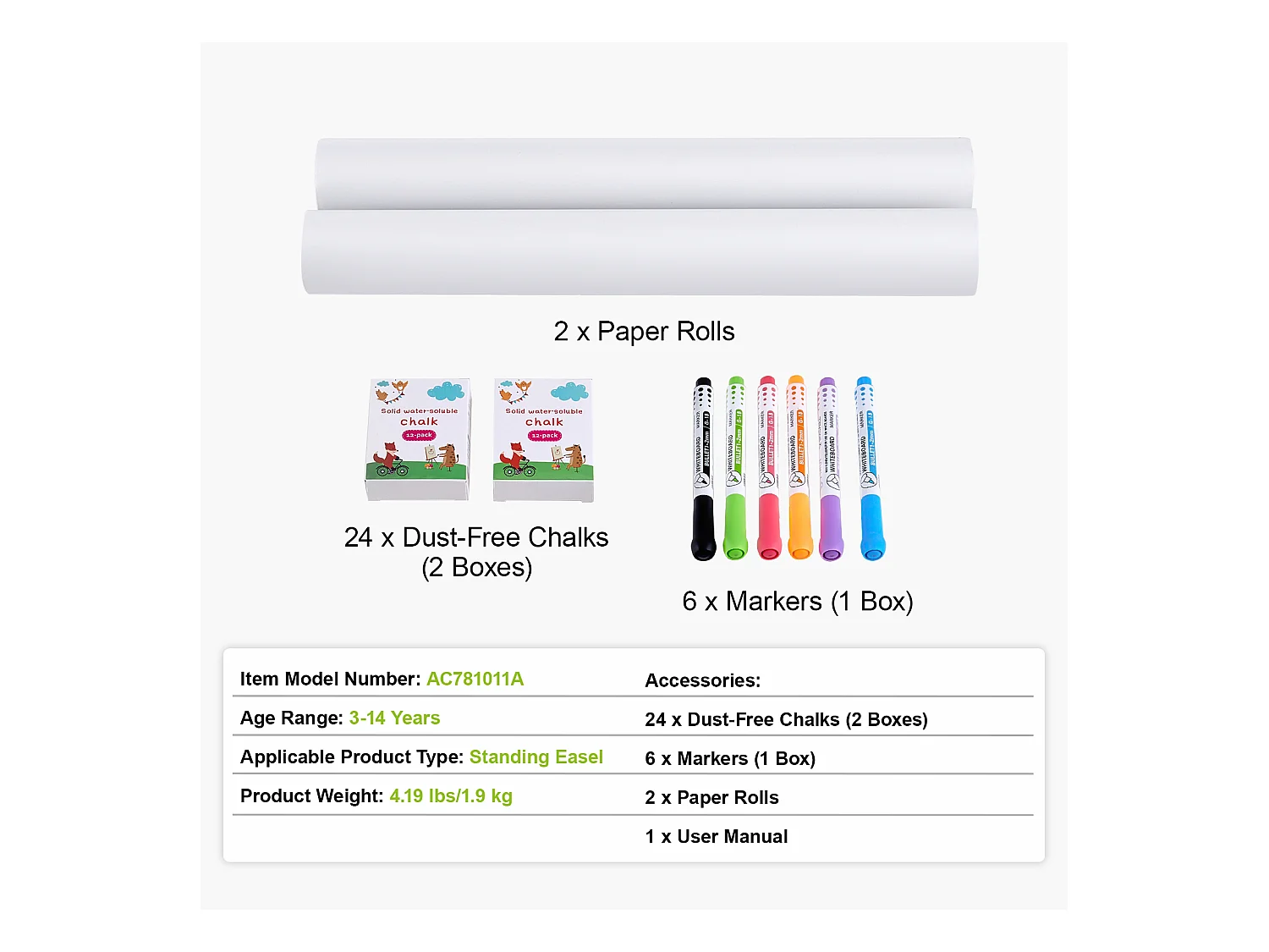 Chevalet d'Art pour Enfants SucceBuy 32 Pièces, avec Craie, Marqueurs, Rouleaux de Papier pour Chevalet sur Pied
