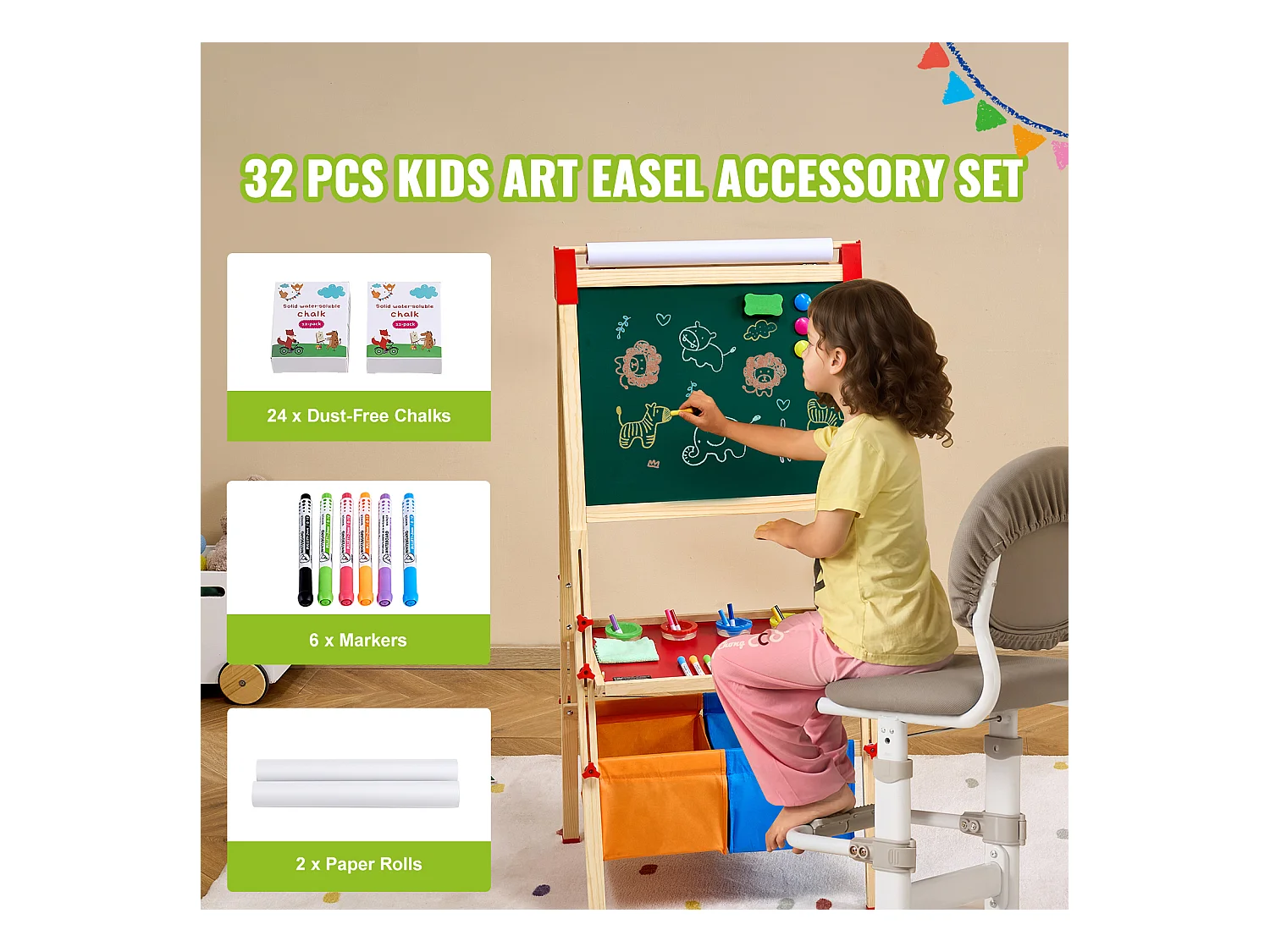 Chevalet d'Art pour Enfants SucceBuy 32 Pièces, avec Craie, Marqueurs, Rouleaux de Papier pour Chevalet sur Pied