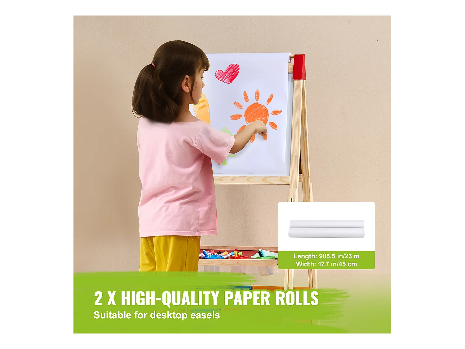 Chevalet d'Art pour Enfants SucceBuy 32 Pièces, avec Craie, Marqueurs, Rouleaux de Papier pour Chevalet sur Pied