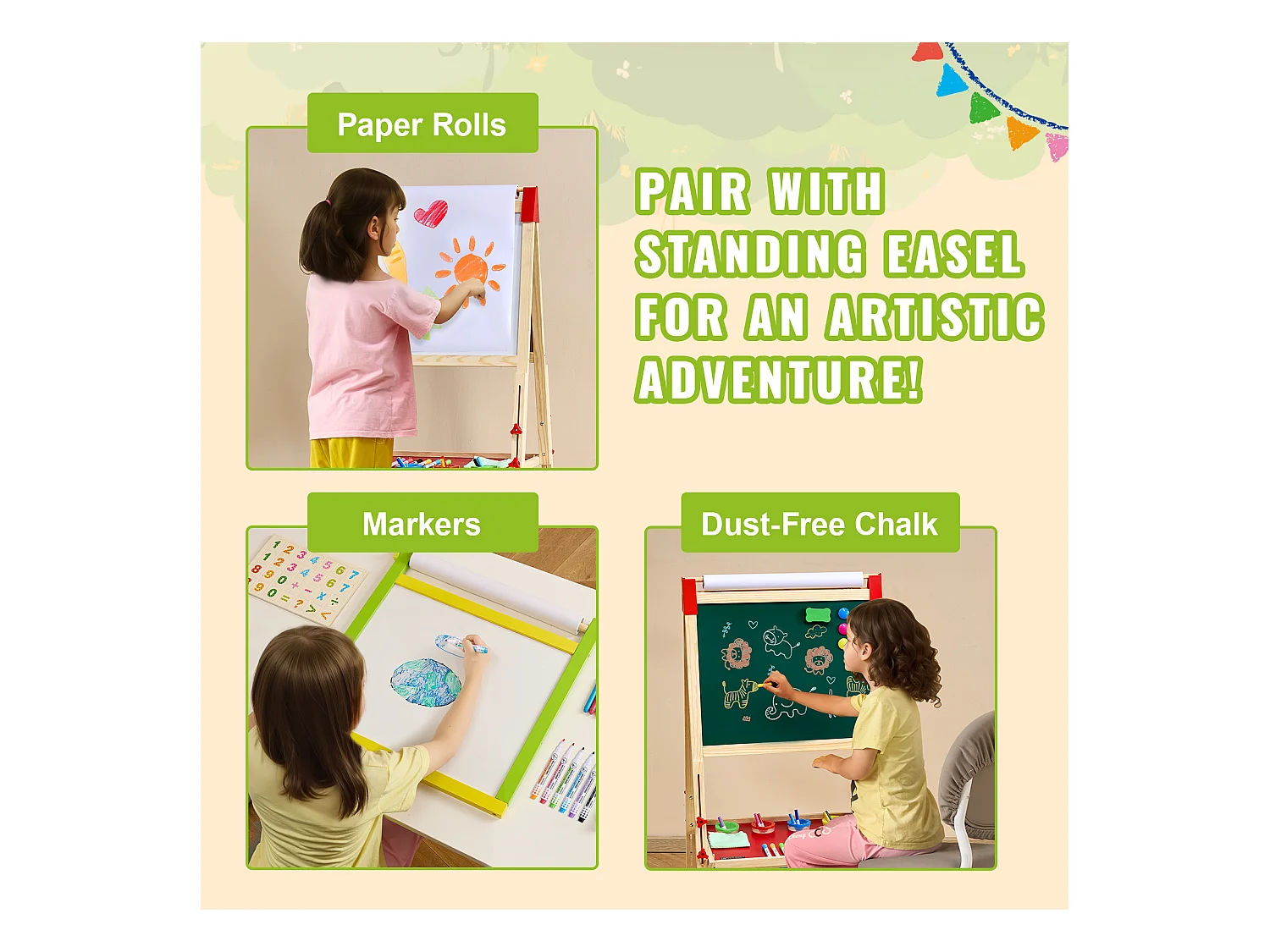 Chevalet d'Art pour Enfants SucceBuy 32 Pièces, avec Craie, Marqueurs, Rouleaux de Papier pour Chevalet sur Pied