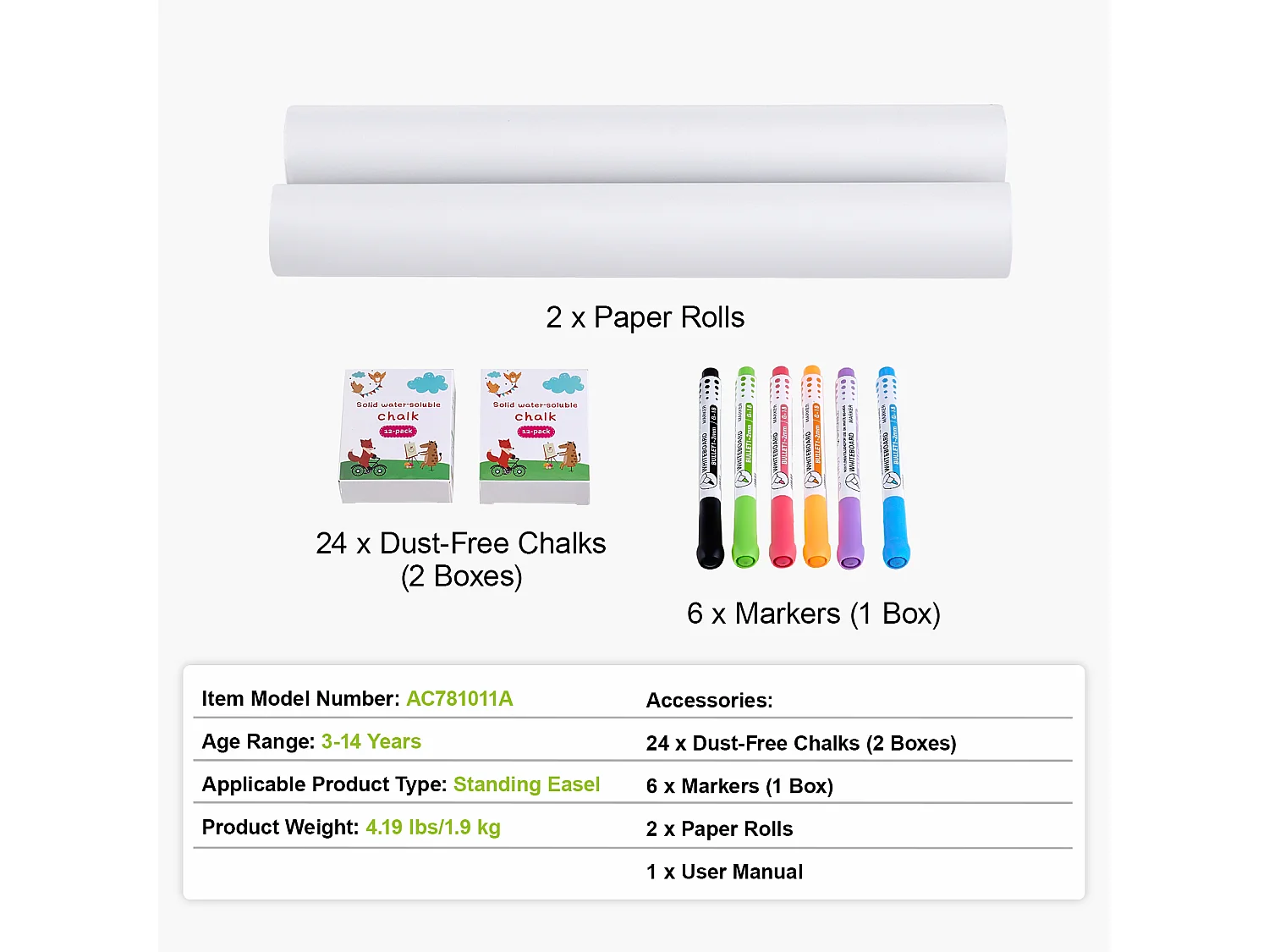 Chevalet d'Art pour Enfants SucceBuy 32 Pièces, avec Craie, Marqueurs, Rouleaux de Papier pour Chevalet sur Pied