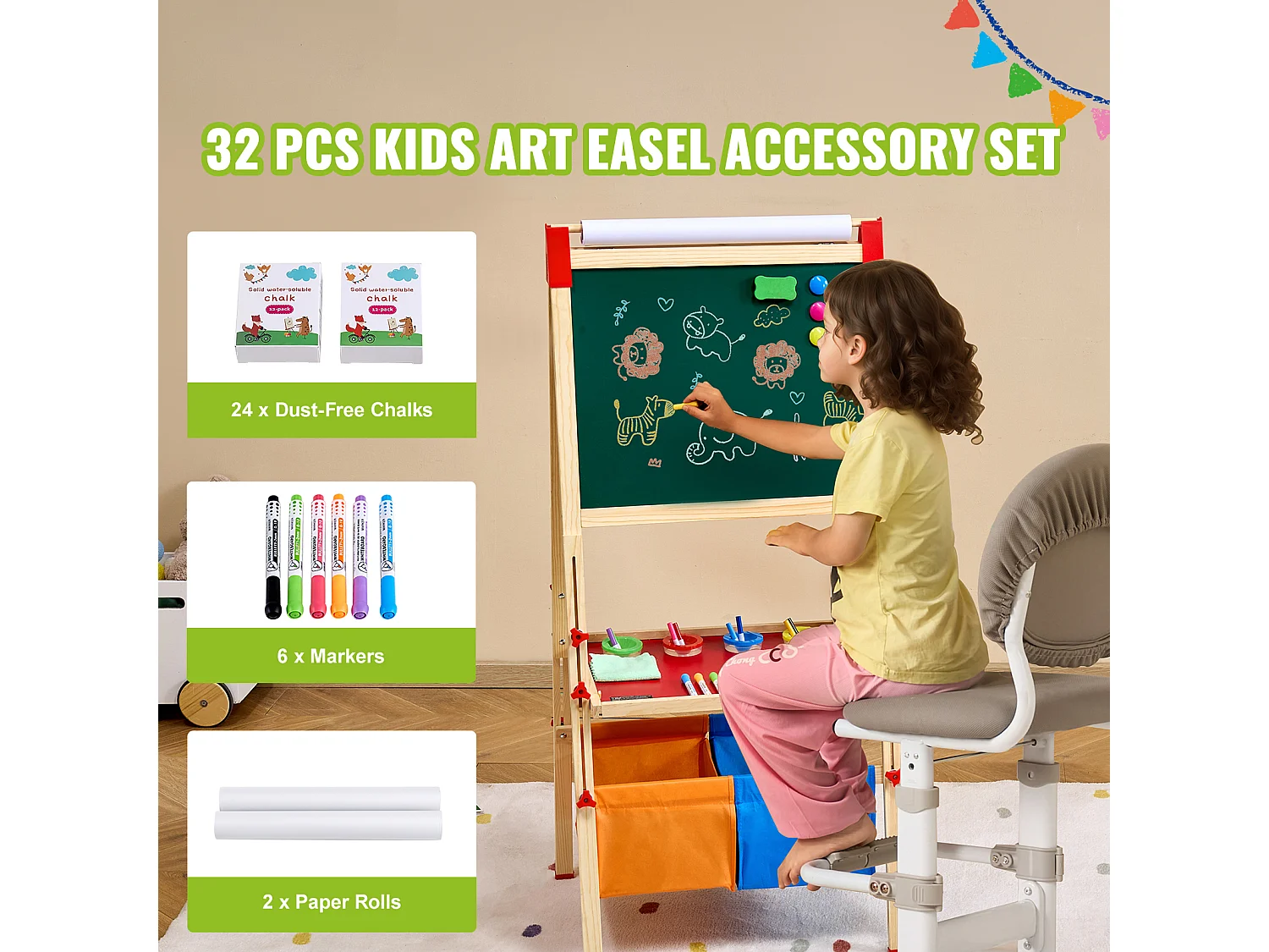 Chevalet d'Art pour Enfants SucceBuy 32 Pièces, avec Craie, Marqueurs, Rouleaux de Papier pour Chevalet sur Pied